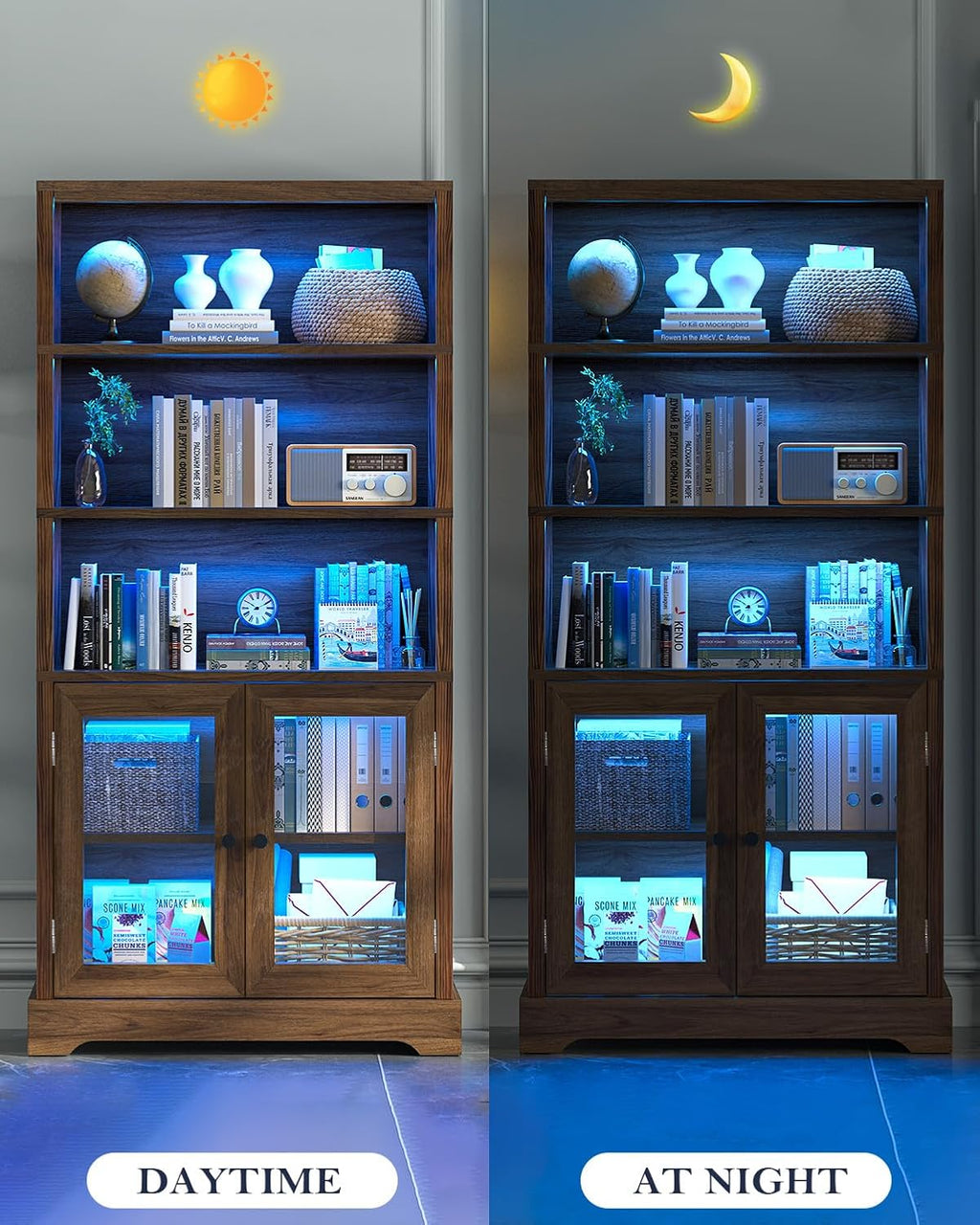 TVU 5-Tier Bookshelf, 65' Bookshelf with Multi-Color Ambient Lights (APP Remote Control), Tall Display Shelf with Cabinet Doors, Suitable for Living Room, Bedroom, Study, Office, Rustic Brown
