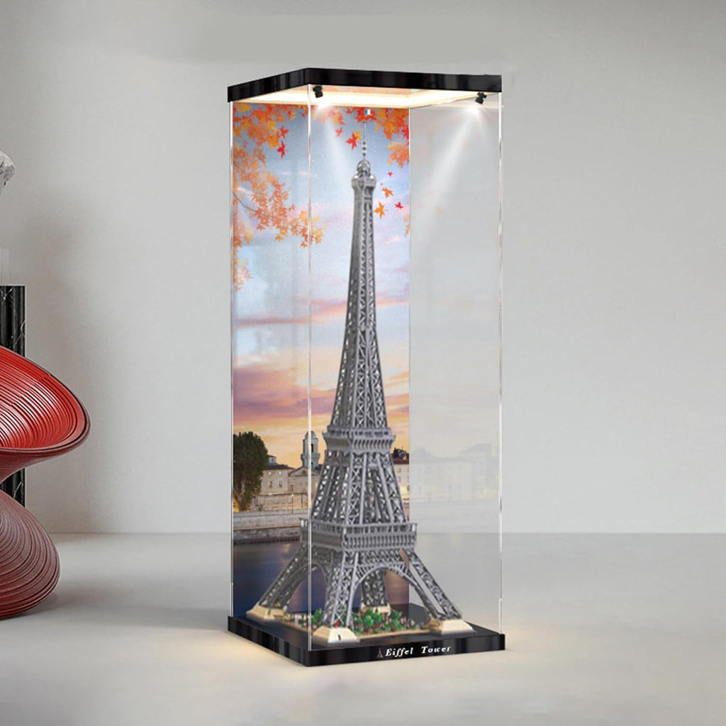 Applicable to Lego 10307 Paris Eiffel Tower 3MM Acrylic Display Box(23.6 * 23.6 * 61in), Display Cases for Collectibles, Sturdy Protection for Your Collectible,Background + Light