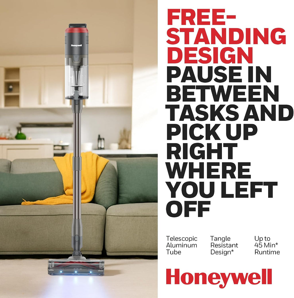 Honeywell Dual Mode Cordless Vacuum Cleaner, Brushless Stick Vacuum Cleaner for Carpet and Hard Floor w/Powerful Suction, Free‑Standing, Anti‑Tangle, 45Mins Runtime, Rechargeable for Home Pet Hair VC6