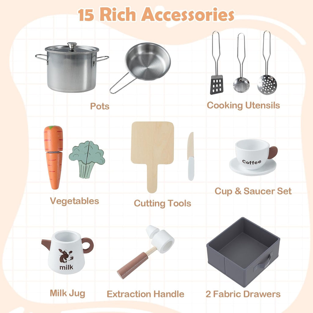 INFANS Kids Corner Kitchen Playset, Wooden Play Kitchen with Washing Machine, Coffee Maker, Toy Grinder, Gift for Boys Girls