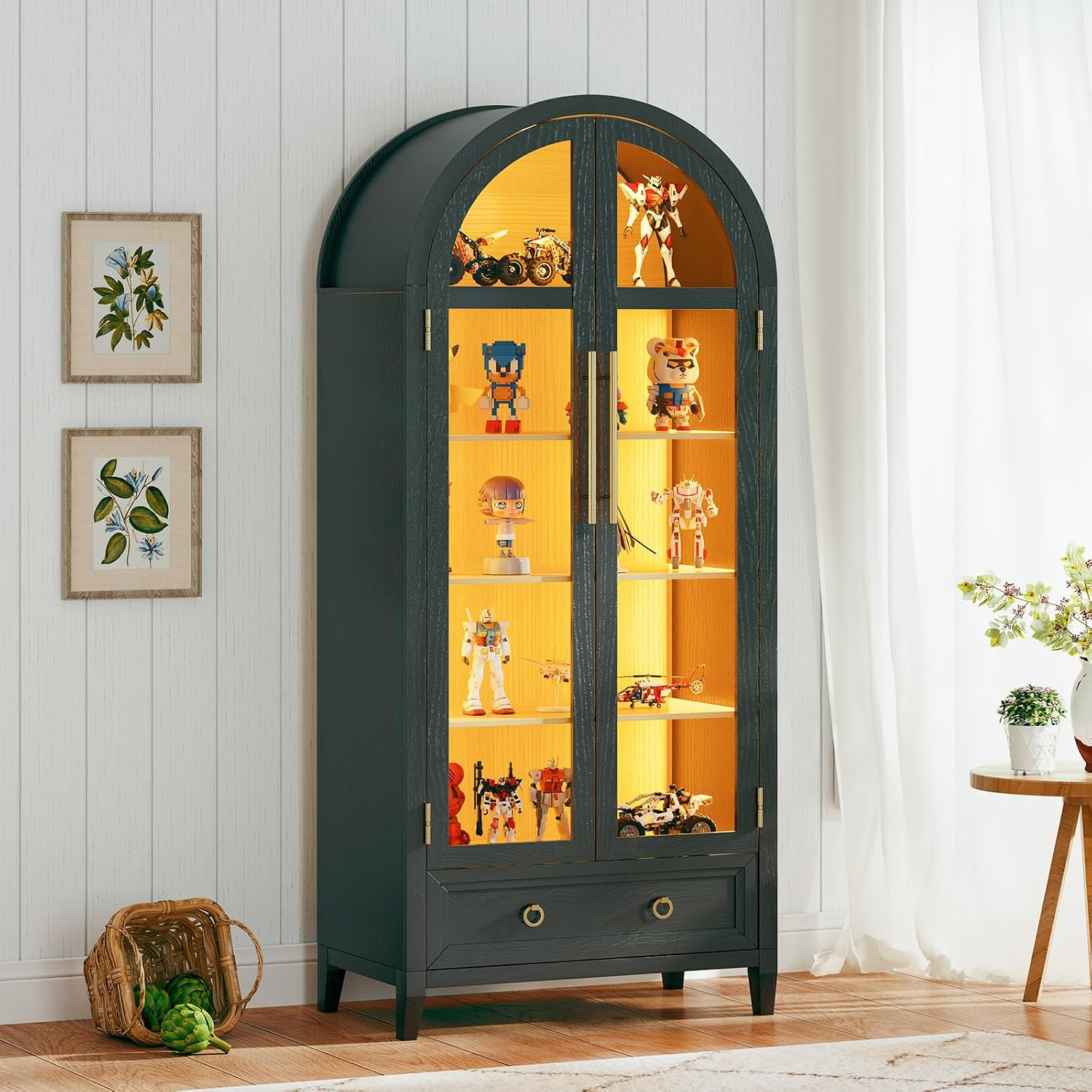 Arch Display Cabinet with Glass Doors, 4-Tier Curio Cabinet Shelves and a Drawer,73' Inch Tall LED Display Case for Collectibles,Bookcase for Bedroom Living Room Office,Black
