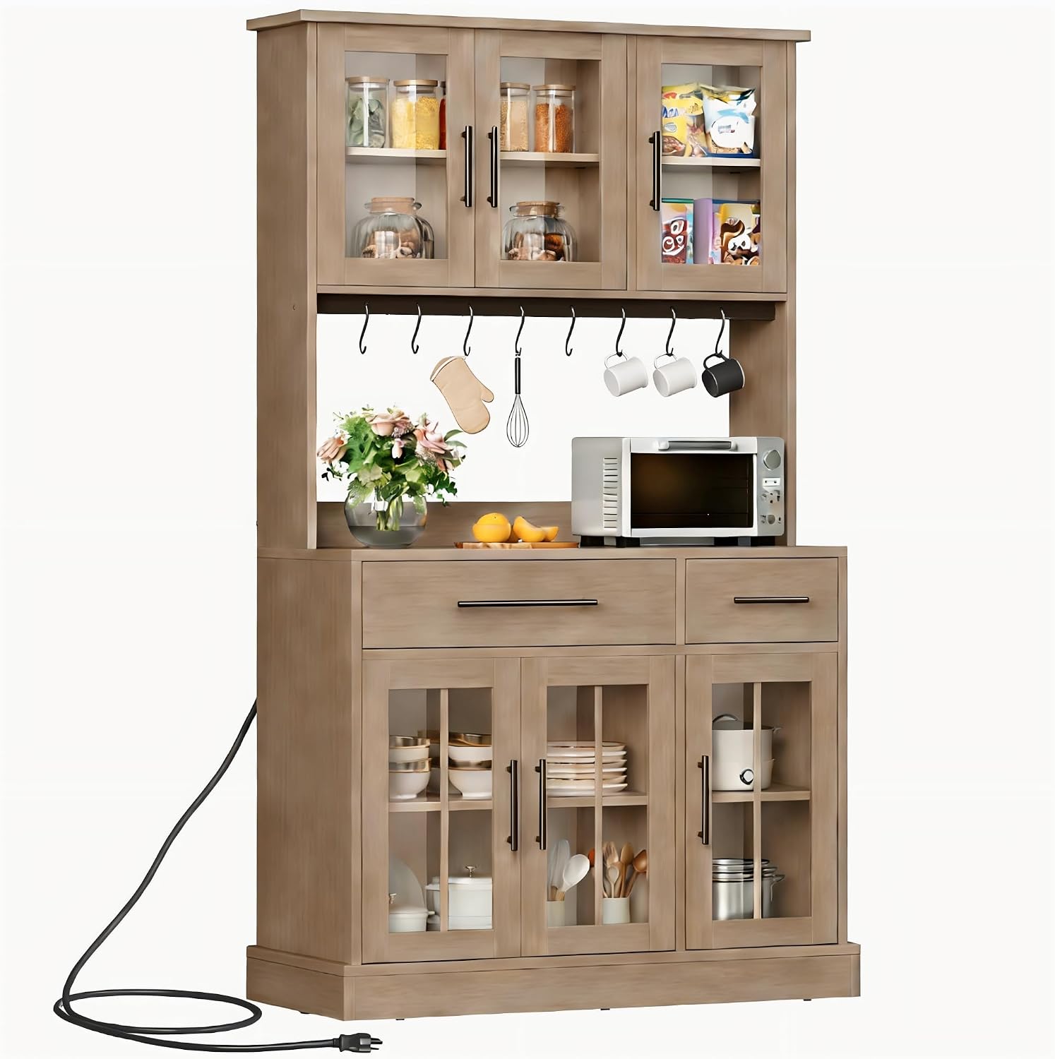 DWVO 71'' Tall Kitchen Pantry Storage Cabinet with Charge Station, Farmhouse Glass Display Food Pantry Hutch with Microwave Stand & Hooks & Drawers & Shelves for Home Living Dining Room, Lvory Grey