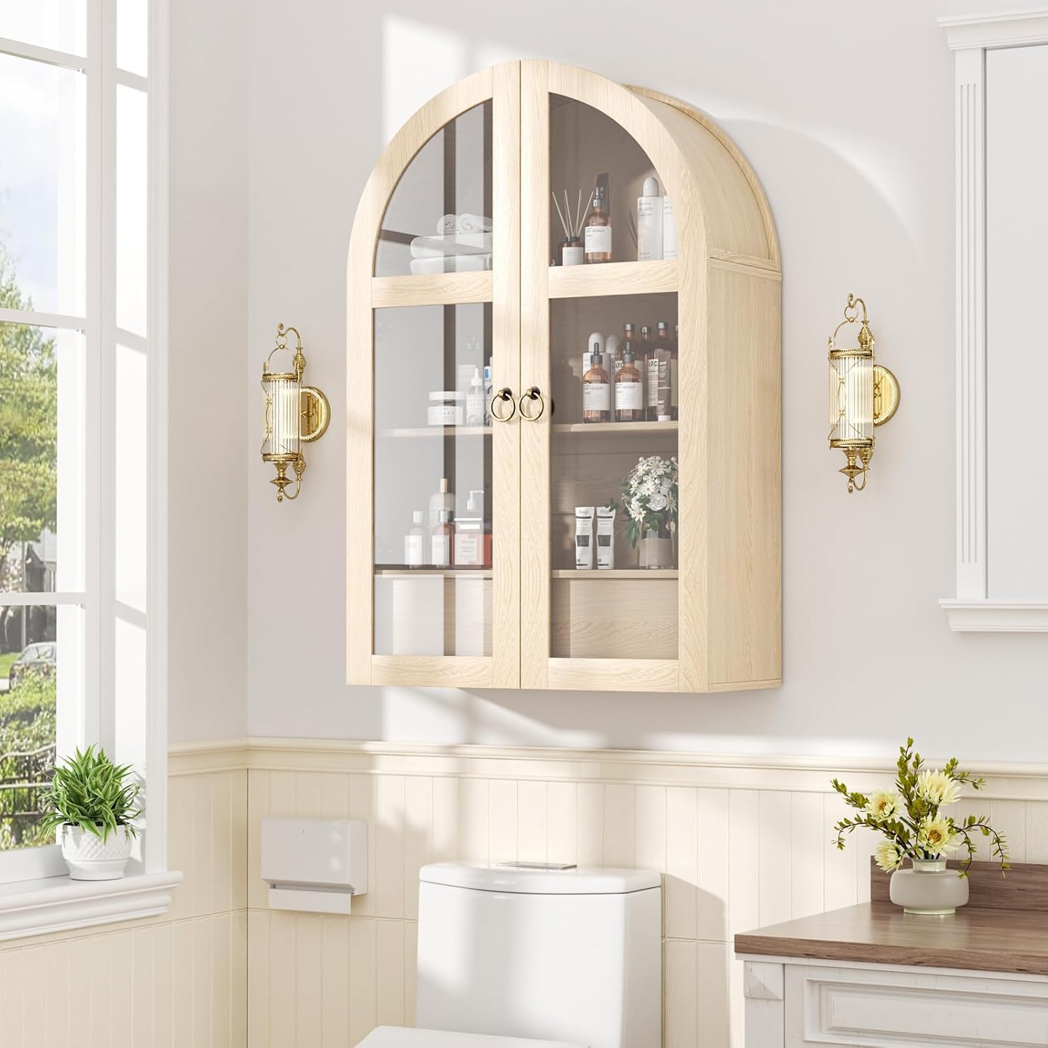 Medicine Cabinet with Tempered Glass Door, Arched Bathroom Wall Cabinet with Adjustable Shelf, for Kitchen, Living Room, Entryway, Laundry Room, Apartment, Office, Small Space, Oak