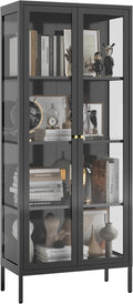 UNICOLY Glass Display Cabinet 4-Tier, Display Cabinet with Glass Doors, Curio Cabinet with Tempered Glasses Doors,Metal Storage Cabinets for Living Room, Plant, Assembly Required, Black