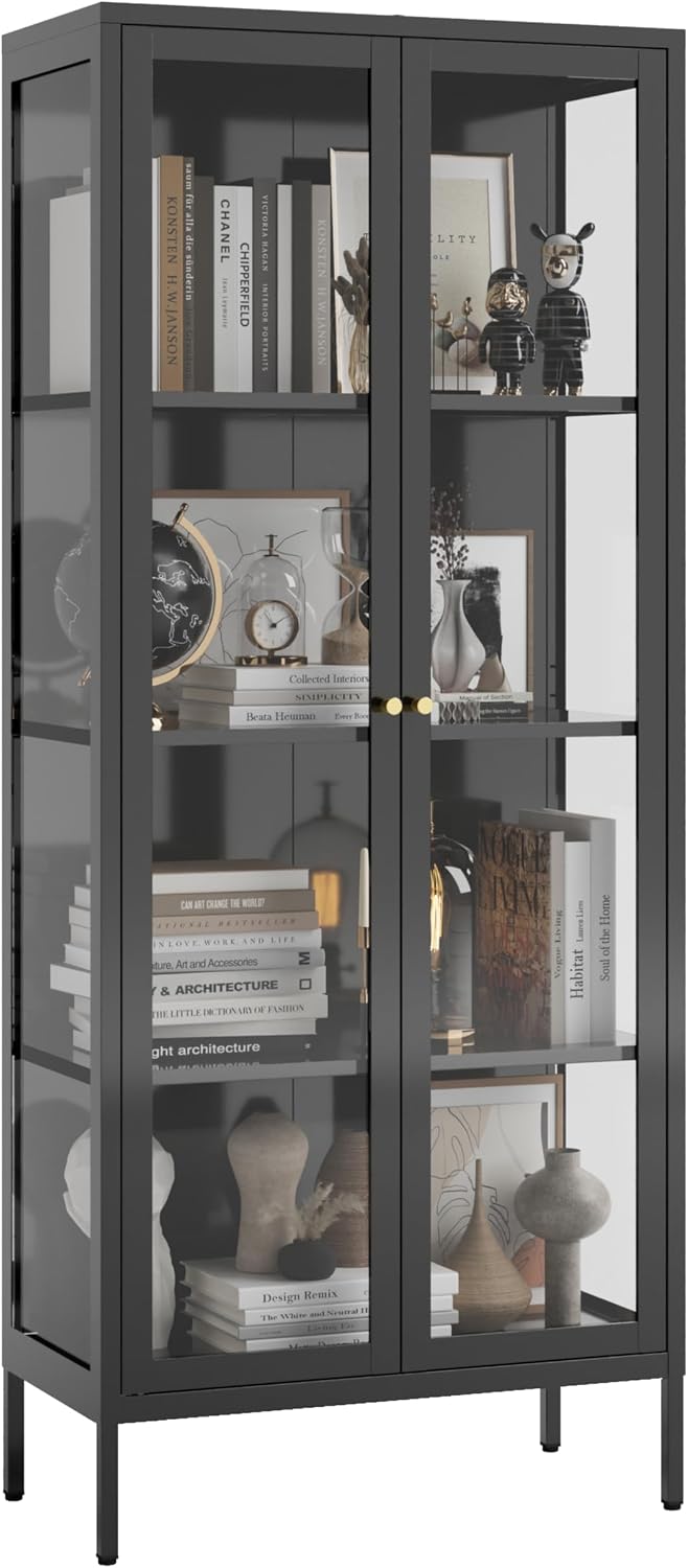 UNICOLY Glass Display Cabinet 4-Tier, Display Cabinet with Glass Doors, Curio Cabinet with Tempered Glasses Doors,Metal Storage Cabinets for Living Room, Plant, Assembly Required, Black