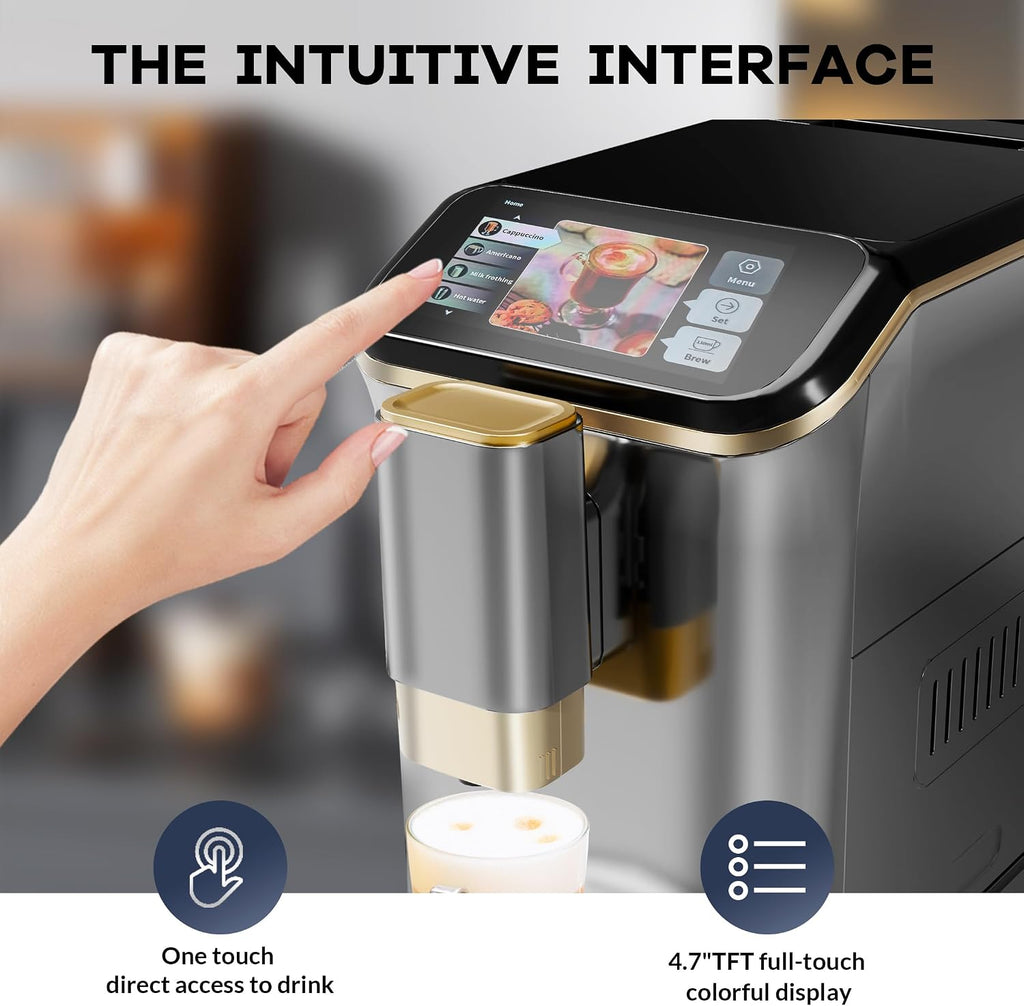 Super Automatic Espresso Machine 20 Bar With Milk Frother, Fully Automatic Bean to Cup Espresso Cappuccino and Latte Iced Coffee Maker Built-In Burr Grinder, Milk Container, Intuitive Touch Display