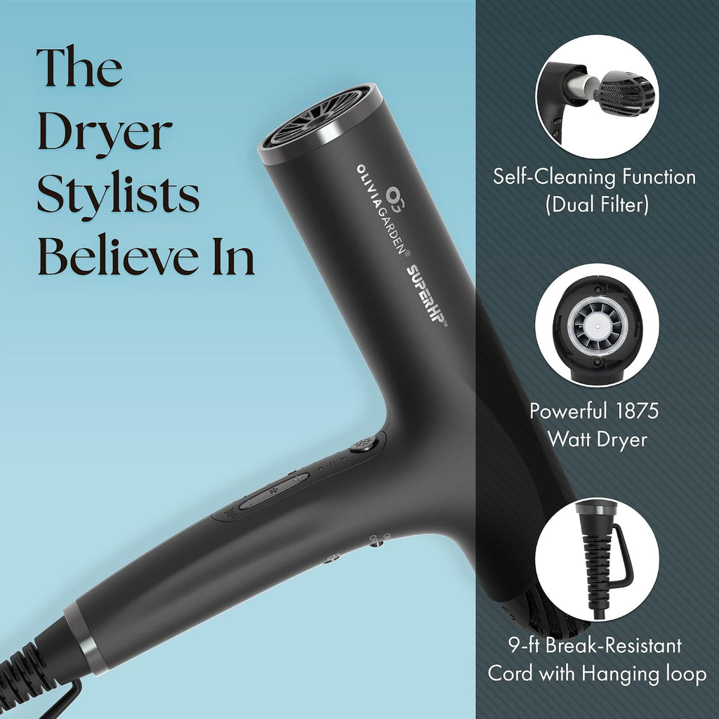 Olivia Garden 1875W SuperHP Professional Hair Dryer for All Hair Types - Quiet, Fast Drying Blow Dryer - Powerful Ionic Generator - 5 Attachments, Including 2 Comb and 1 Diffuser Attachments