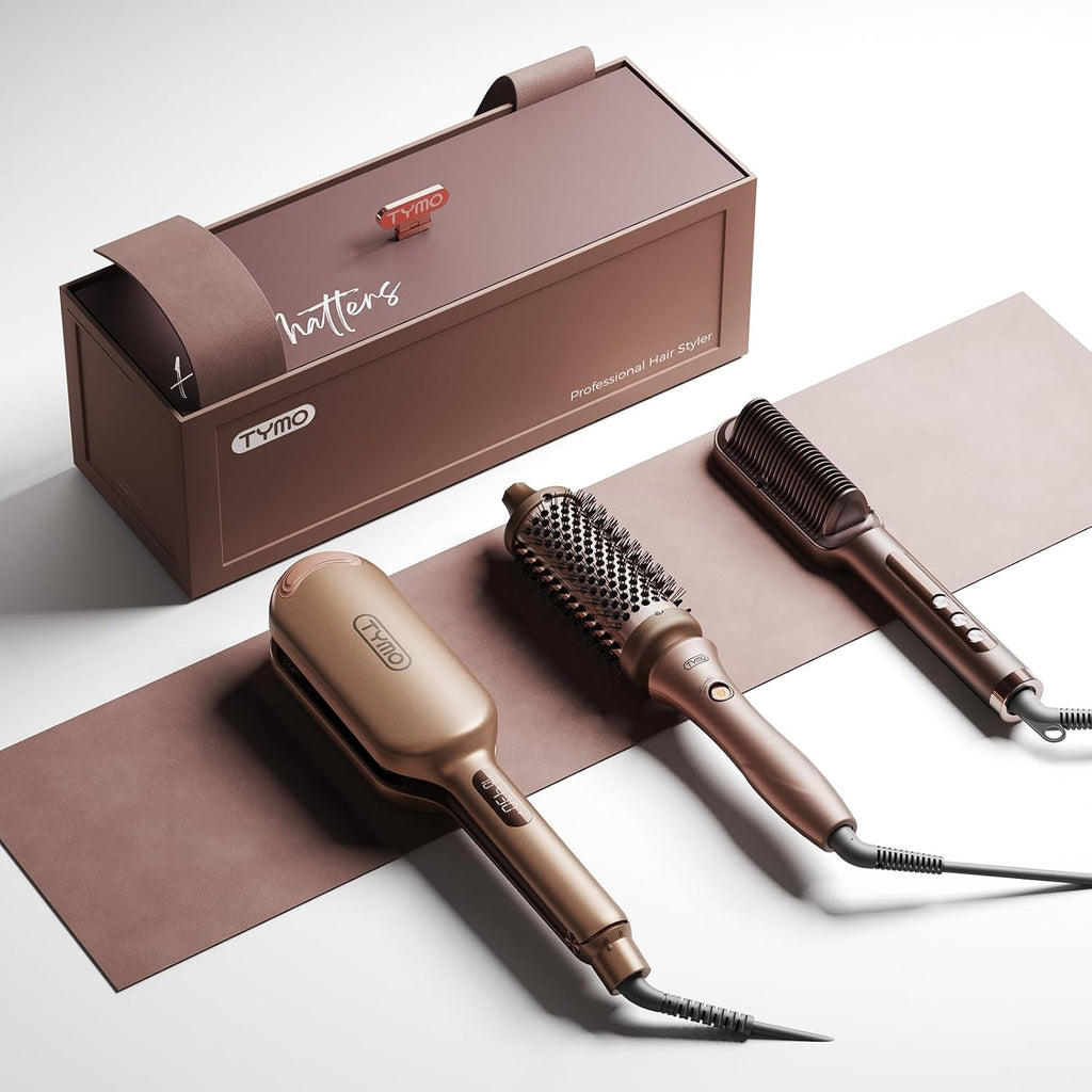 TYMO Limited Edition Styling Set - Include TYMO ROVY Hair Crimper Wave Curling Iron & Ring Plus Straightener Brush & STYLUX Thermal Brush, 3 in 1 Ionic Hair Curler Tool Set for Women