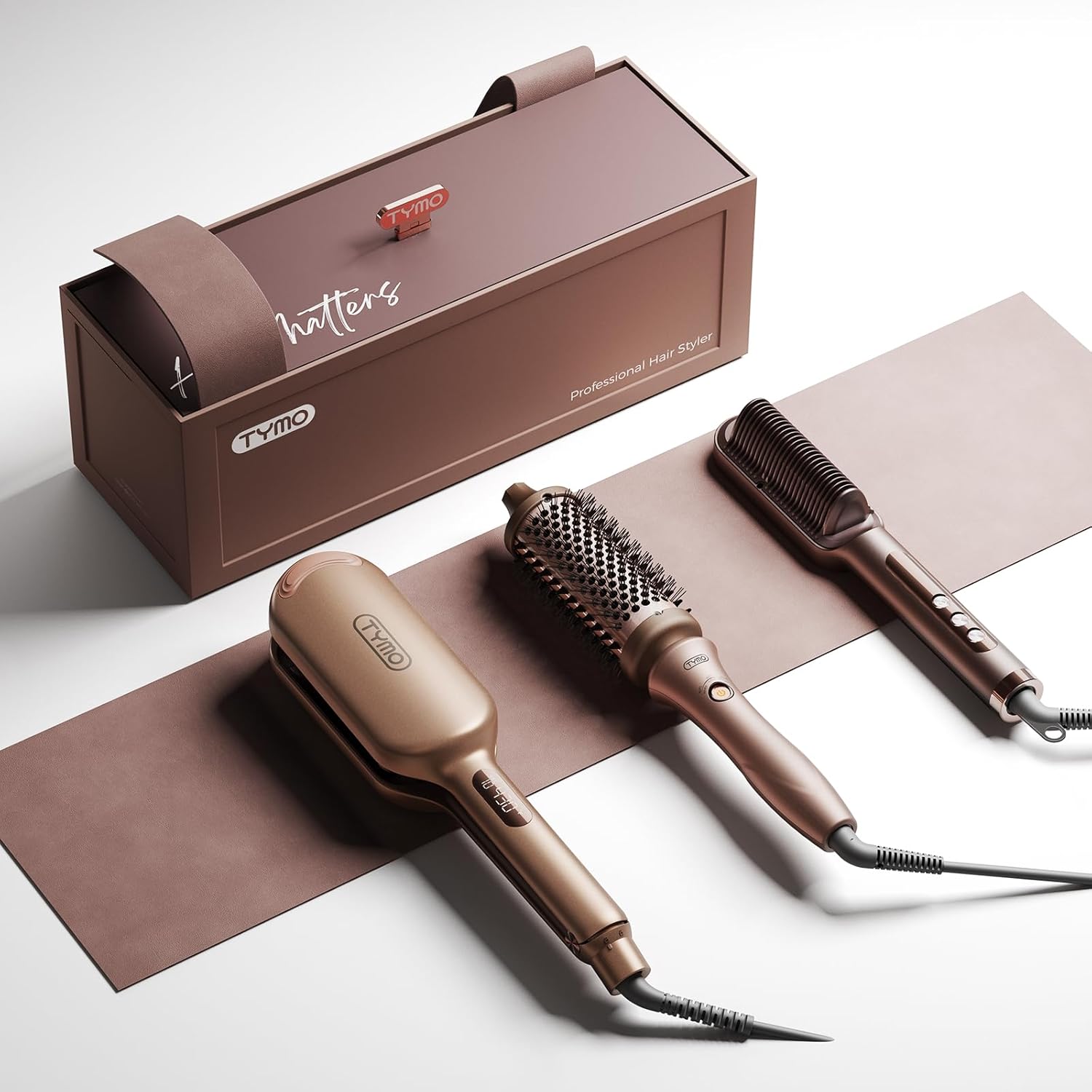 TYMO Limited Edition Styling Set - Include TYMO ROVY Hair Crimper Wave Curling Iron & Ring Plus Straightener Brush & STYLUX Thermal Brush, 3 in 1 Ionic Hair Curler Tool Set for Women