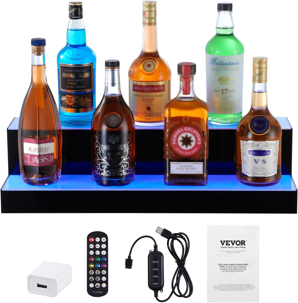 VEVOR LED Lighted Liquor Bottle Display, 2 Tiers 24 Inch Commercial Illuminated Home Bar Shelf, 2 Steps Whiskey Rack Stand, Acrylic Drink Shelves with RF Remote & App Control, and Multicolor Light
