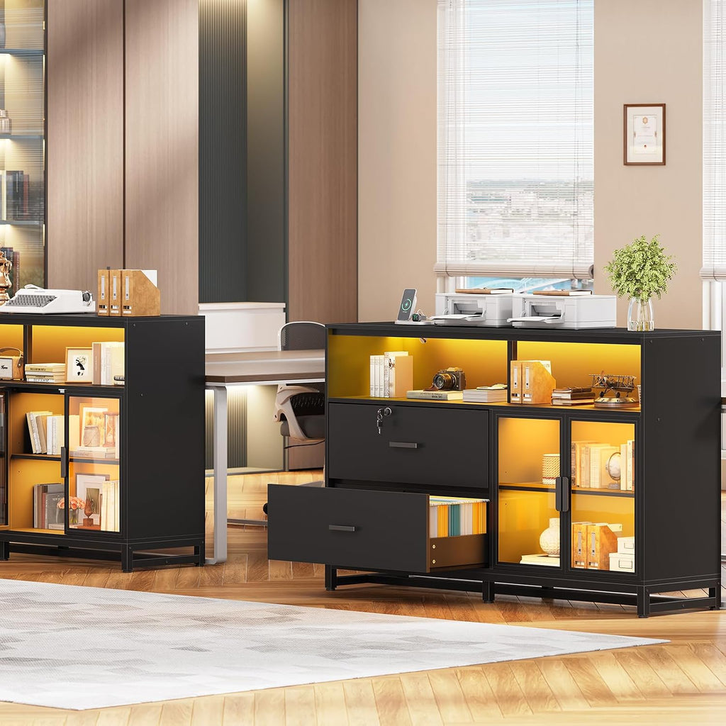 SEDETA 59' File Cabinet, 2 Drawers Filing Cabinets for Home Office fit Legal/Letter/A4 File, File Cabinet with Lock & Power Outlets, Printer Stand with Storage & LED Lights, Black