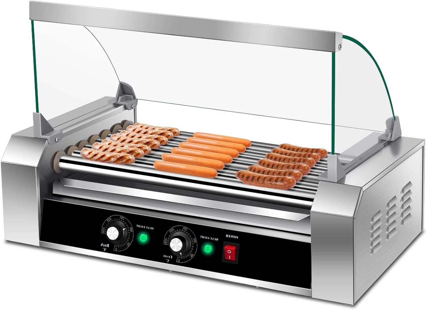 Happygrill Hot Dog Roller Machine, Electric Sausage Grill w/ 18 Hot Dog, 7 Non-Stick,Removable Stainless Steel Drip Tray and Glass Hood Cover,Commercial Household Hot Dog Grill Cooker