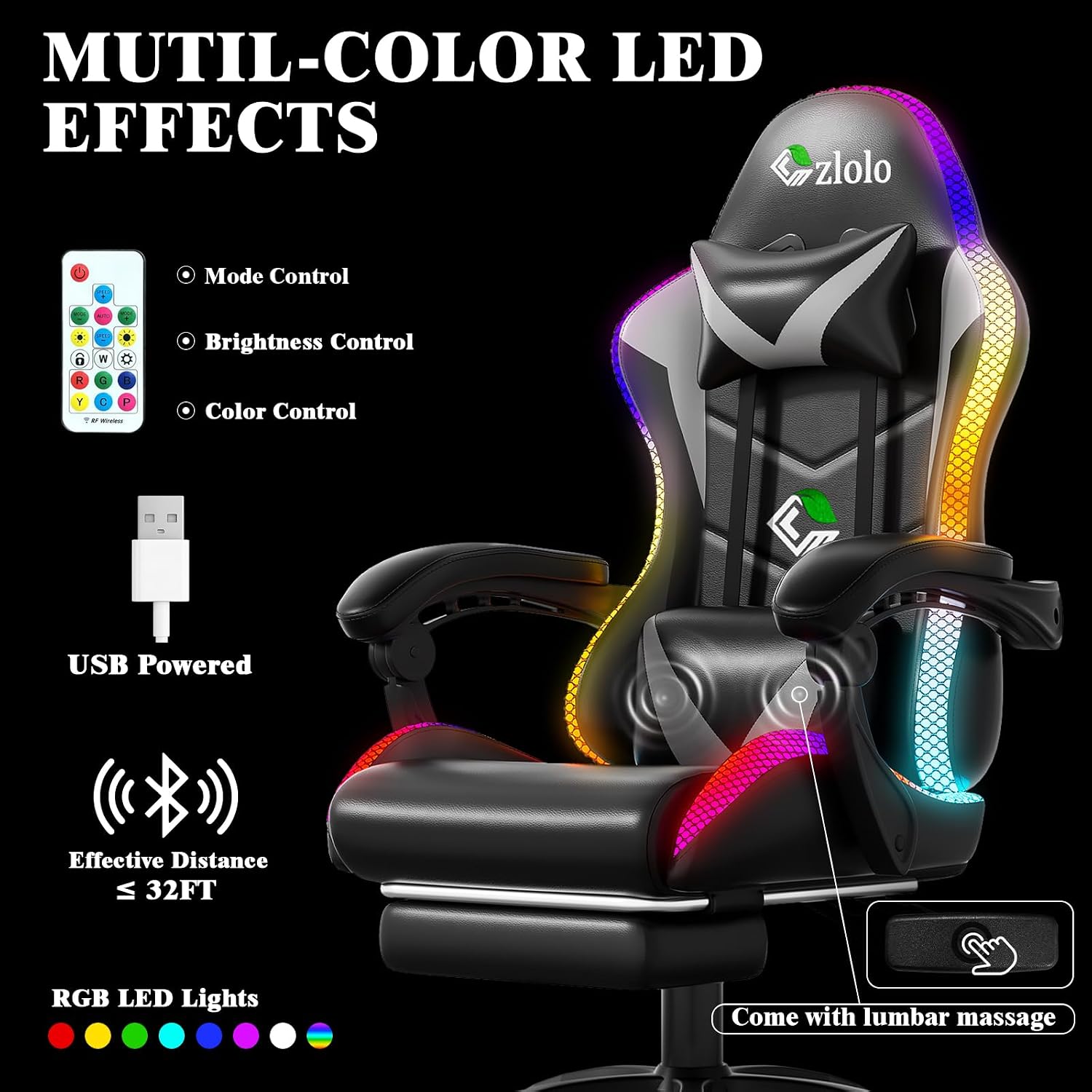 Czlolo Gaming Chair, Racing Style RGB LED Lights Gaming Chairs for Adults and Kids, Lumbar Massager Gamer Chair, High Back Reclining Computer Chair with Footrest and Headrest (Black/Gray)
