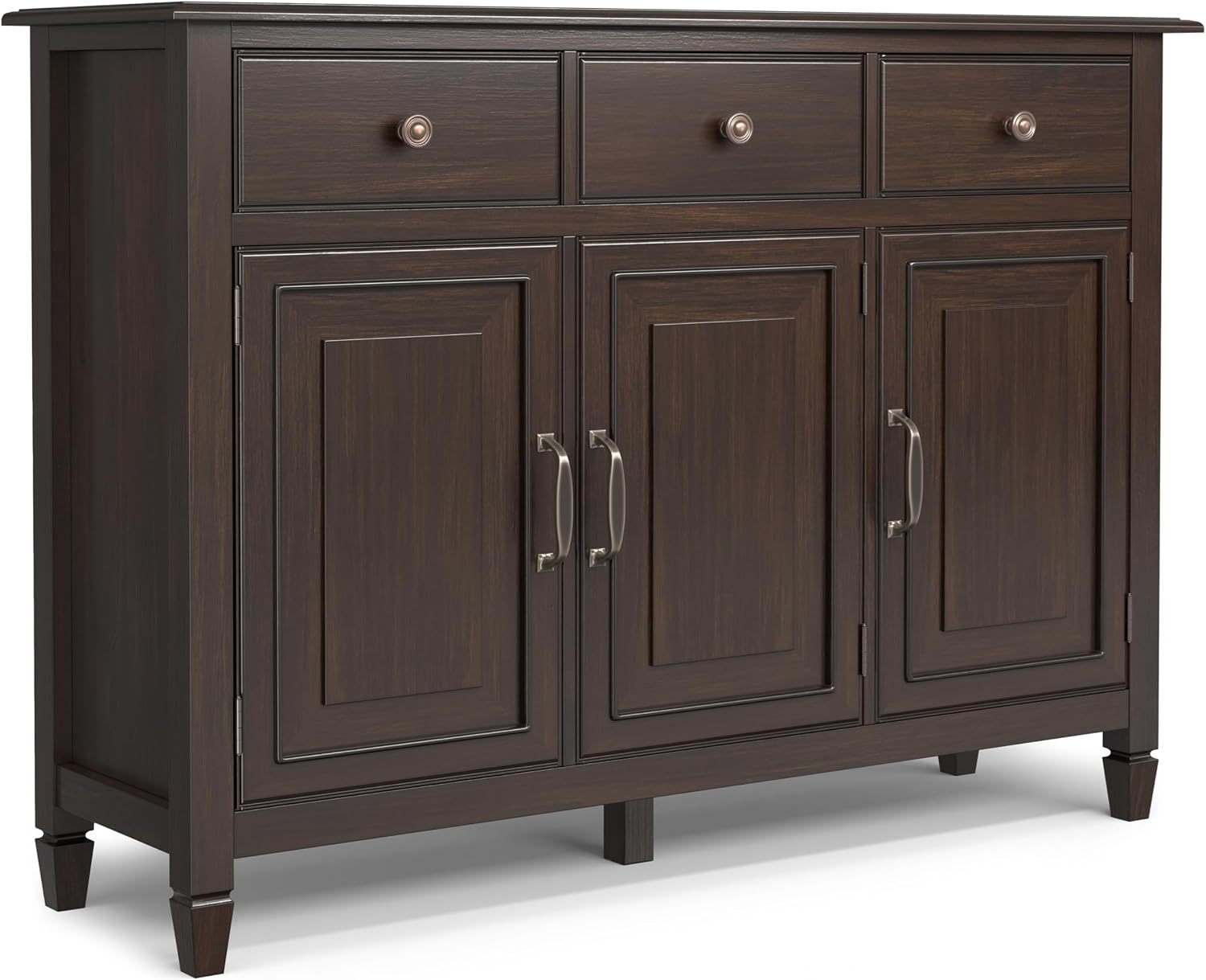 SIMPLIHOME Connaught 51-inch Wide Solid Wood Storage Cabinet in Chestnut Brown for the Entryway, Mudroom, 3 Drawers and Adjustable Shelves, Traditional Style, Space-Saving Design