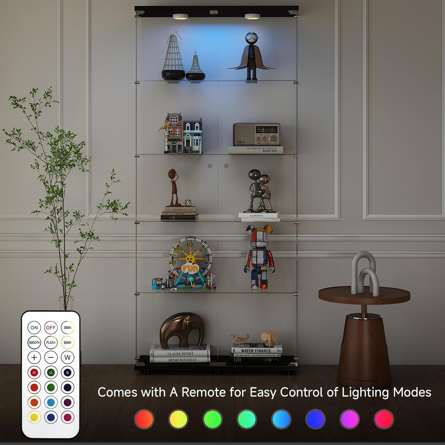 Zevemomo 5-Tier Tempered Glass Display Cabinet with Lights, Curio Cabinet with Glass Doors and Lock, Glass Display Case for Collectibles, for Living Room Bedroom Office, Double Door, Black
