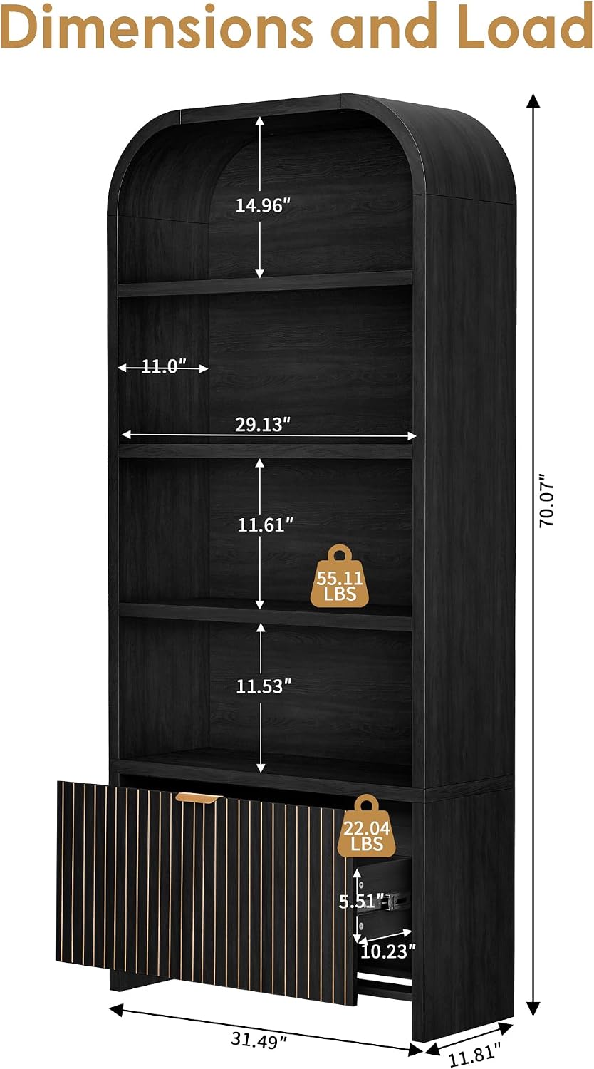 LEVNARY Arched Bookcase with Drawer, 70' Tall 5-Tier Bookshelf with Fluted Carved Drawer, Freestanding Display Storage Cabinet for Living Room Bedroom Home Office (Black)