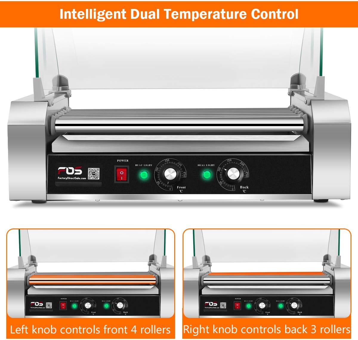 Safstar Commercial 18 Hot Dog 7 Non-Stick Roller Machine, Electric Hot Dog Sausage Grill Cooker Machine with Removable Stainless Steel Drip Tray & Glass Hood Cover, Countertop Hot Dog Roller Warmer