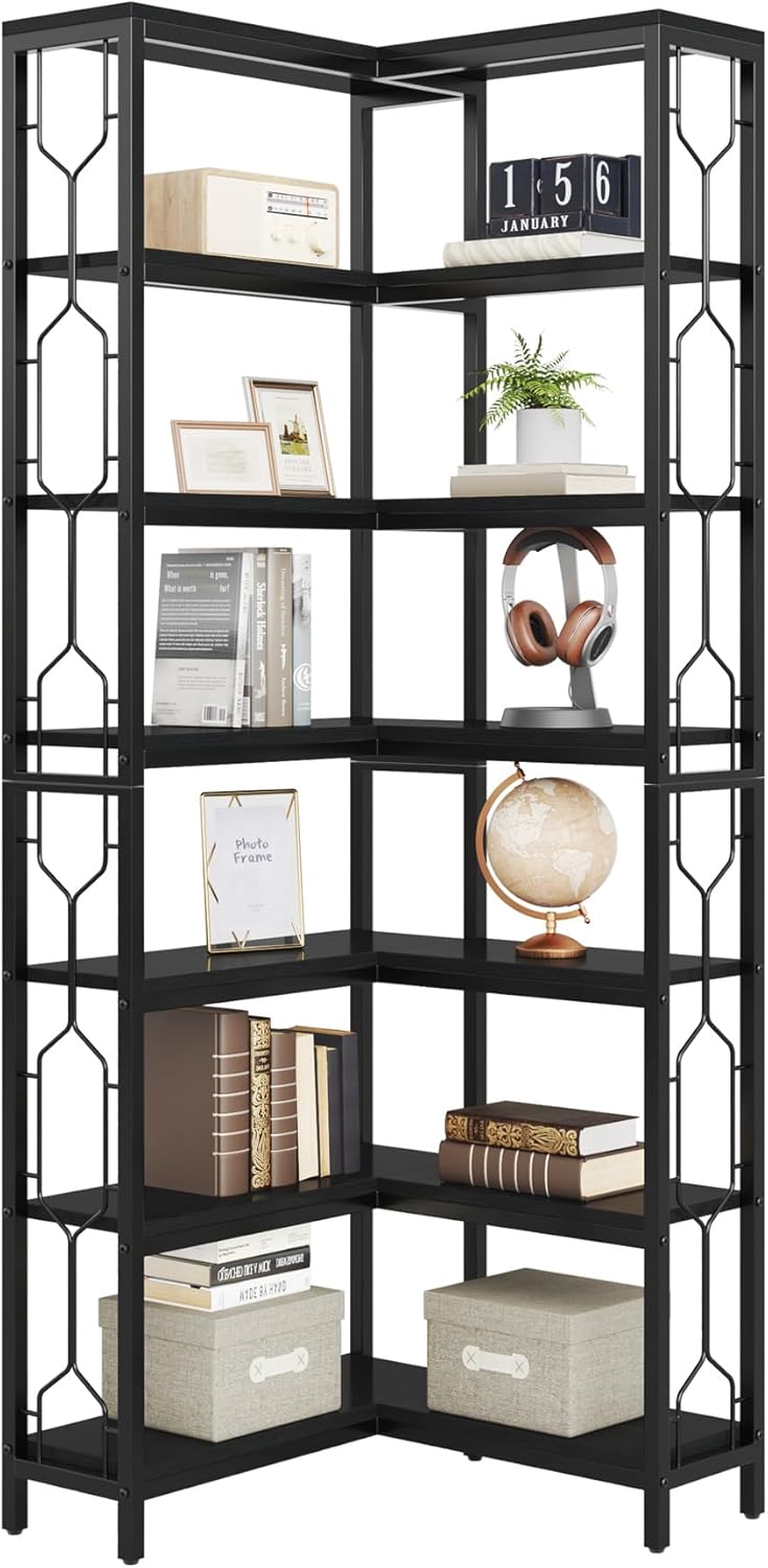 Tribesigns Corner Shelf, 7-Tier Industrial Corner Bookshelf, Wood and Metal Corner Etagere Bookcase, Freestanding Display Shelf for Living Room, Kitchen, Home Office, Light Black