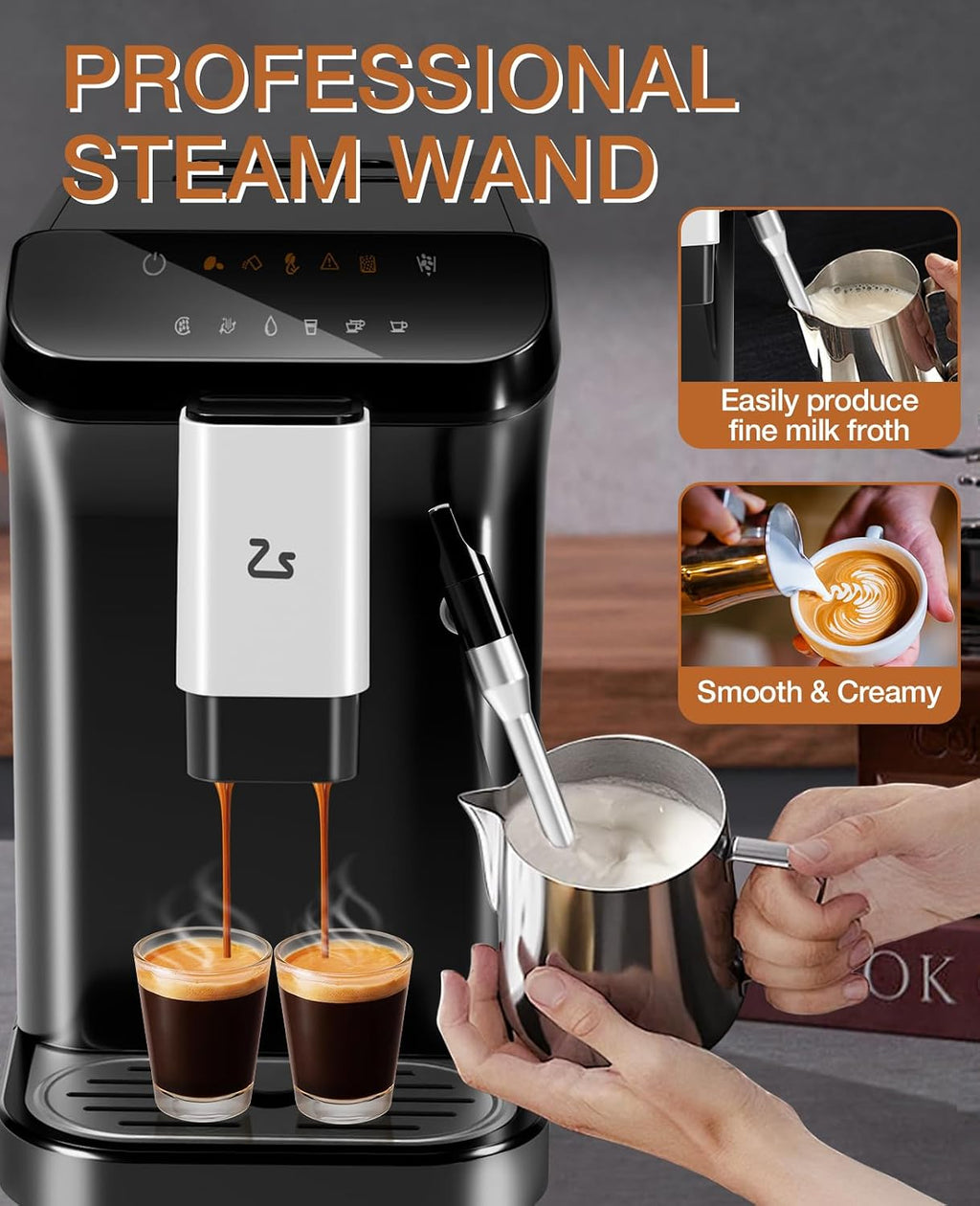Fully Automatic Coffee Machine, 20 Bar Professional Espresso Machine with Grinder & Milk Frother, 1-15 Adjustable Grind Size Levels, 1.5L Water Tank, Cappuccino & Latte Machine for Home