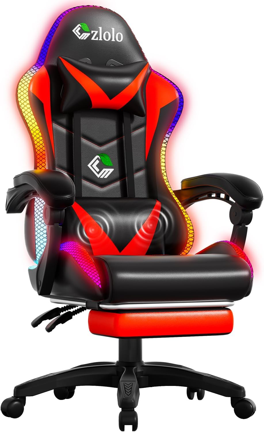 Czlolo Gaming Chair, Racing Style RGB LED Lights Gaming Chairs for Adults and Kids, Lumbar Massager Gamer Chair, High Back Reclining Computer Chair with Footrest and Headrest (Black/Red)