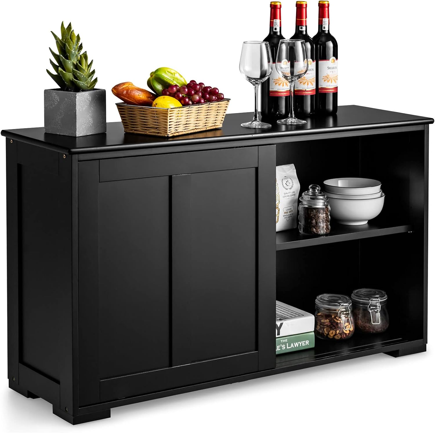 Costzon Sideboard Buffet Cabinet, Wooden Kitchen Storage Cabinet with Adjustable Shelf, Sliding Barn Door, Accent Coffee Bar Cabinet Console Table for Living Room, Dining Room, Hallway (Black)