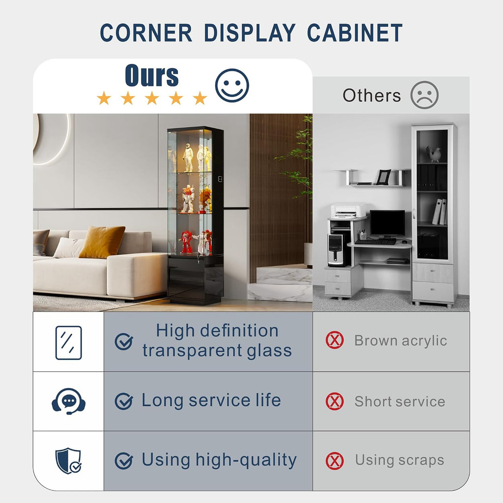 HNEBC Corner Glass Display Cabinet with Lockable&3 Color Lights for Living Room Black, Curio Cabinet with Adjustable Glass Shelf for Liquor Figurine Bookcase for Living Room