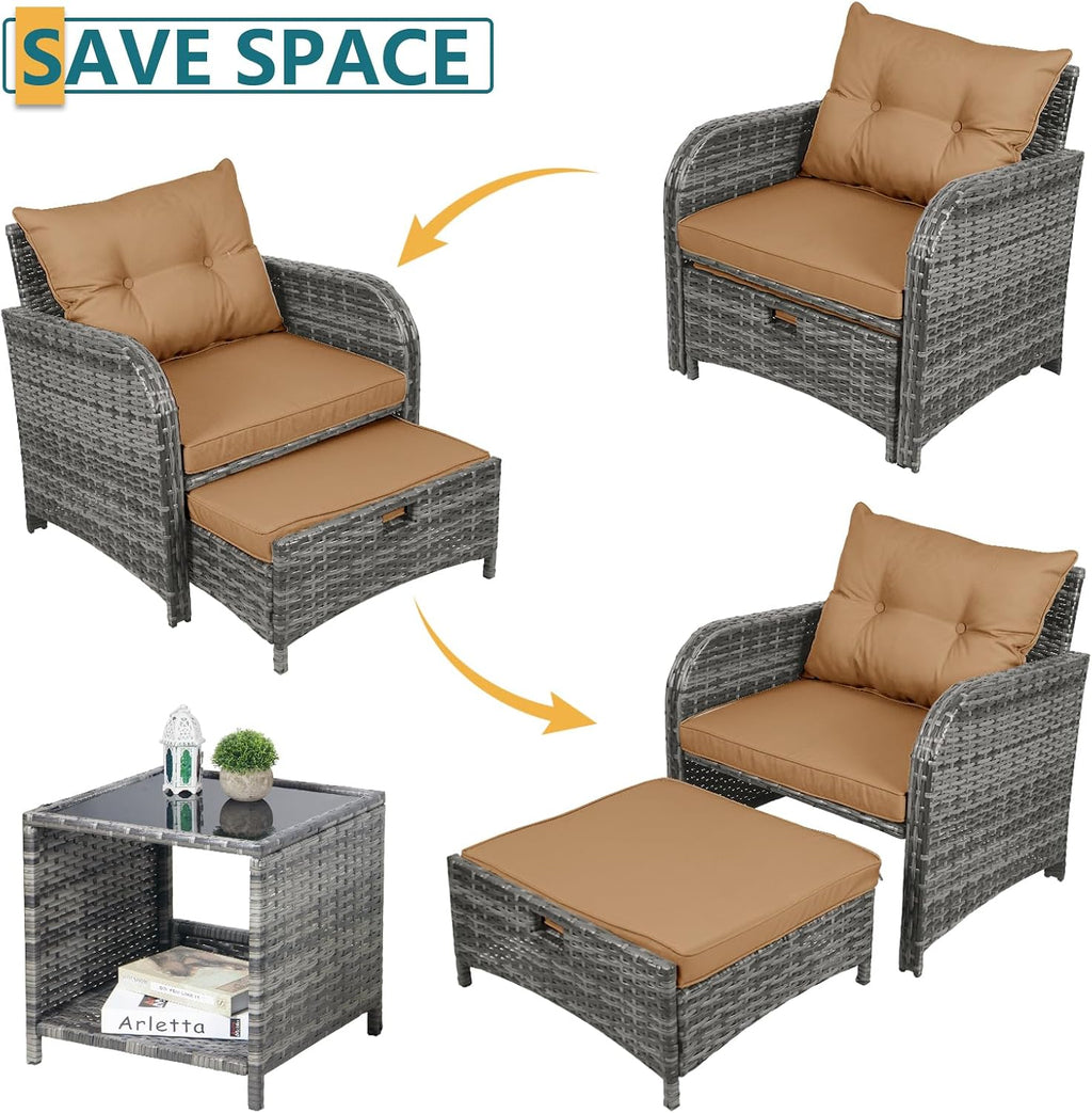 5 Pieces PE Wicker Outdoor Chairs with Ottomans, 5 PCS Rattan Patio Furniture Set with Ottoman, Patio Chairs with Ottomans for Porch Balcony Sunroom, Brown Cushion