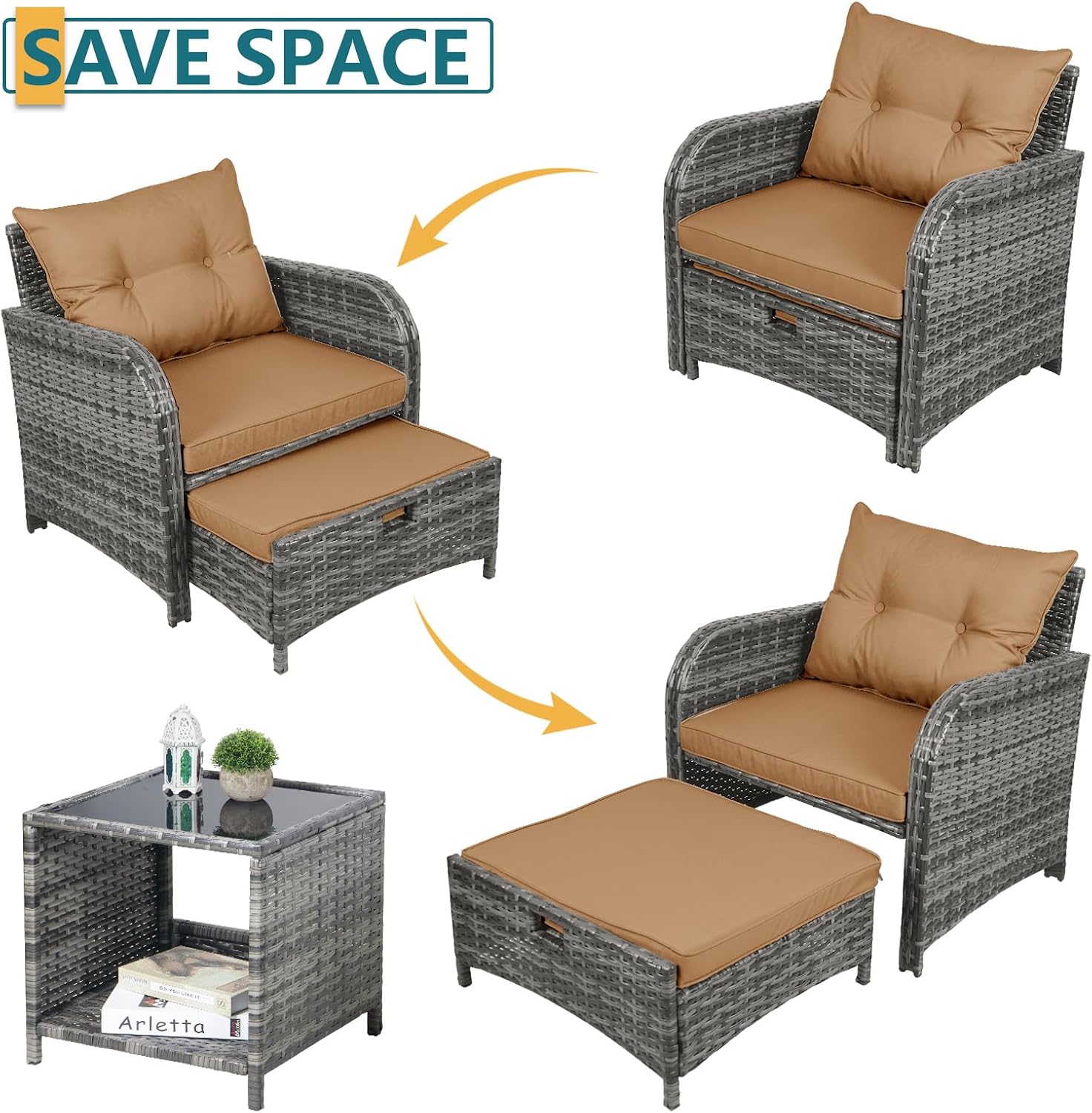 5 Pieces PE Wicker Outdoor Chairs with Ottomans, 5 PCS Rattan Patio Furniture Set with Ottoman, Patio Chairs with Ottomans for Porch Balcony Sunroom, Brown Cushion