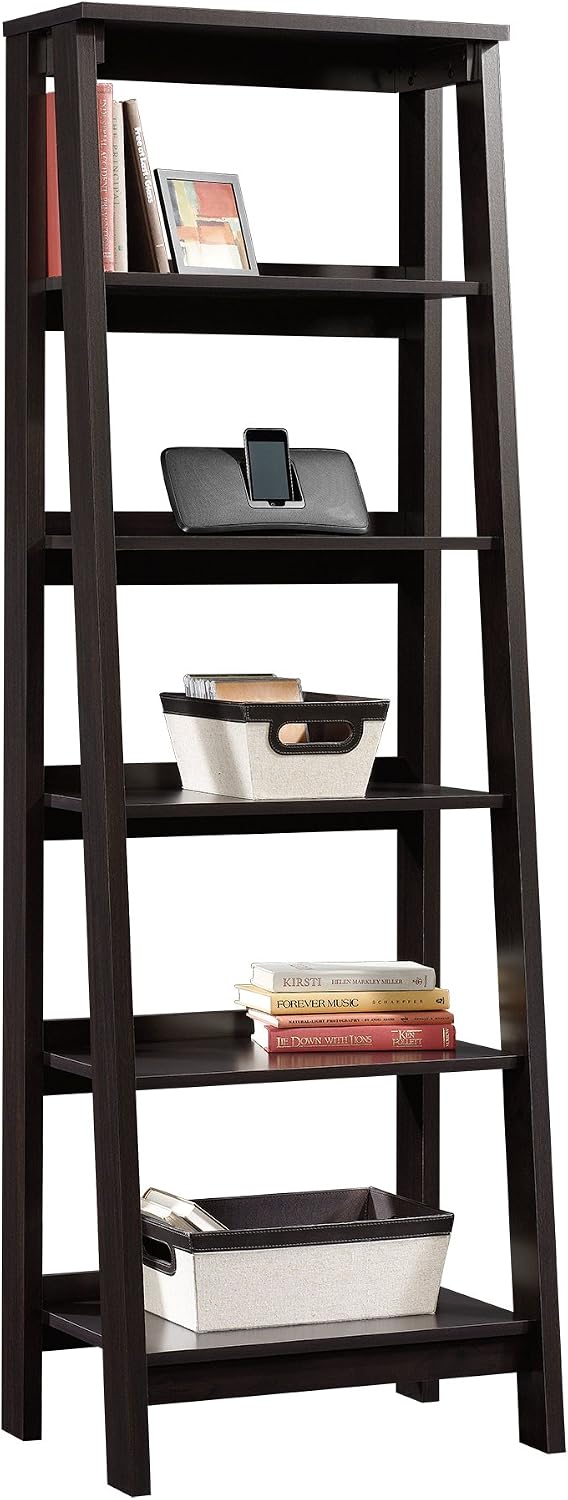 Sauder Ladder Bookshelf 5 Tier Trestle Ladder Shelf Wooden Bookcase, in Jamocha Wood