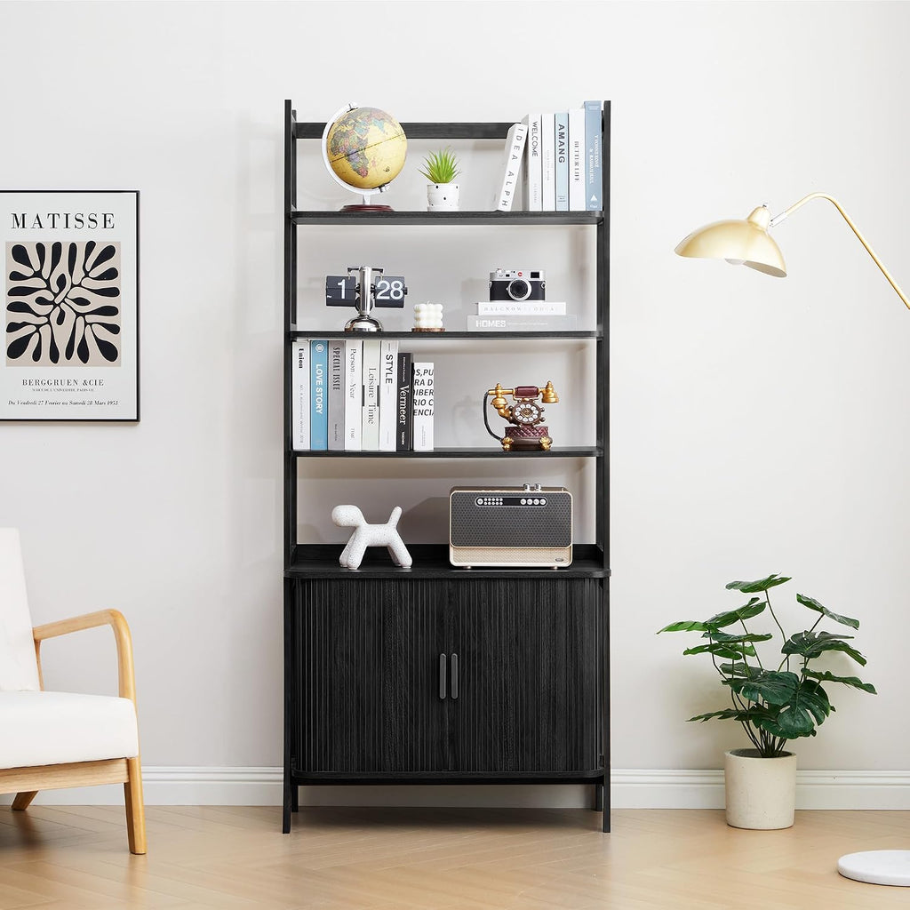 4-Tier Bookshelf, Tall Bookcase with Open Shelf and Sliding Door, 67' Freestanding Storage Organizer Display Cabinet for Living Room, Home Office (Black)