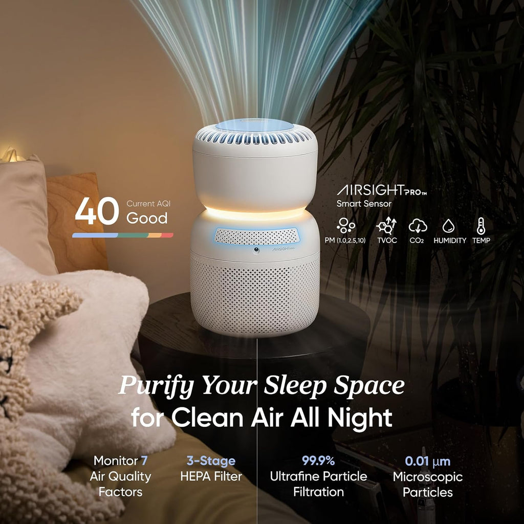 LEVOIT Air Purifier for Home Bedroom with HEPA Filter, White Noise Sound Machine and Blue Light-Safe Night Light Support Better Sleep, AHAM VERIFIDE, 5 Air Quality Monitor, Smart WiFi, Sprout