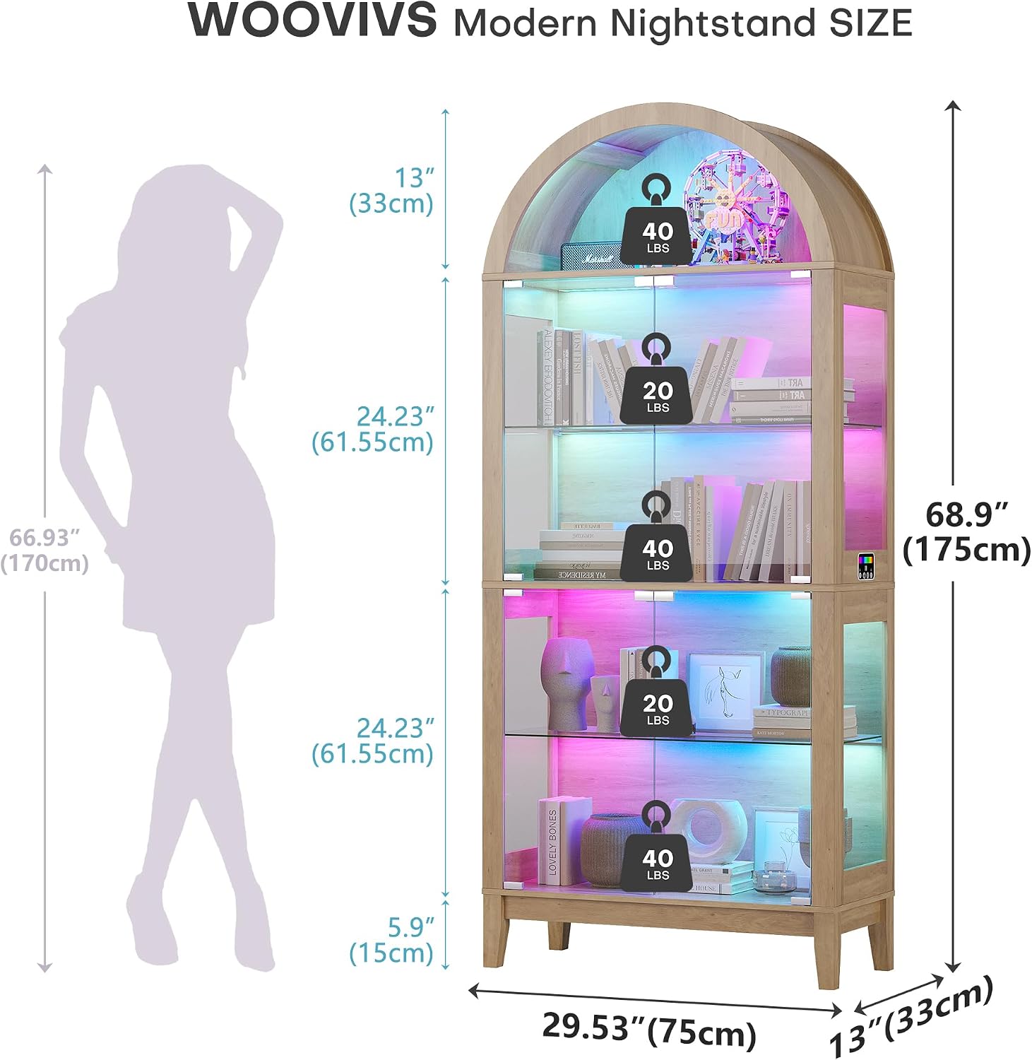 WOOVIVS Glass Display Cabinet with RGB Lights, 69' Tall Curio Cabinet with Rebound Tempered Glass Door, 5-Tier Adjustable Display Case for Living Room (Wood)
