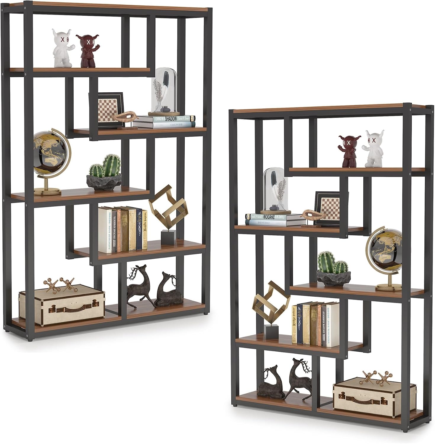 Tribesigns 6-Shelf Industrial Bookshelf Set of 2, Vintage Etagere Bookcase, 69 Inch Tall Storage Display Staggered Shelves with Sturdy Metal Frame for Home Office, Dark Walnut