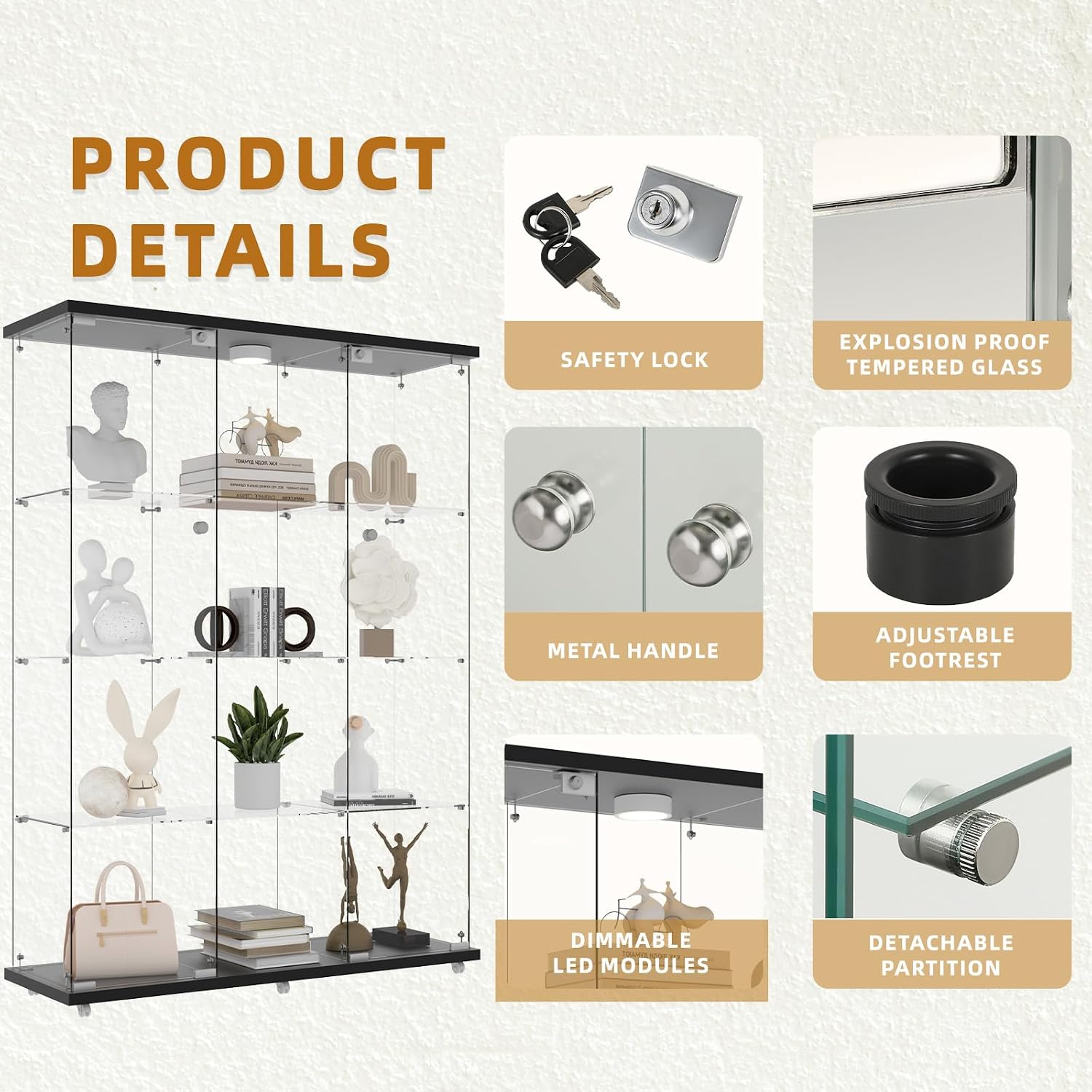 Glass Display Cabinet 12 Shelves with 2 Doors,Middle Open Display, Locking,LED Push Lights with Remote Control,4mm Tempered Glass Floor-to-Ceiling Glass Bookcase for Bedroom, Living Room,Black