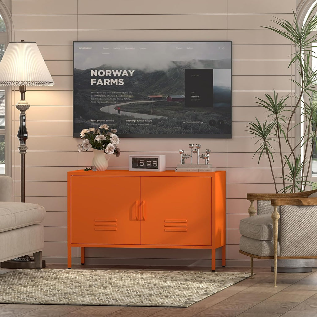 IRONFFICE Locker Cabinet,Metal Storage Cabinet with 2 Doors,Morden TV Stand for Living Room,Bedroom,Orange