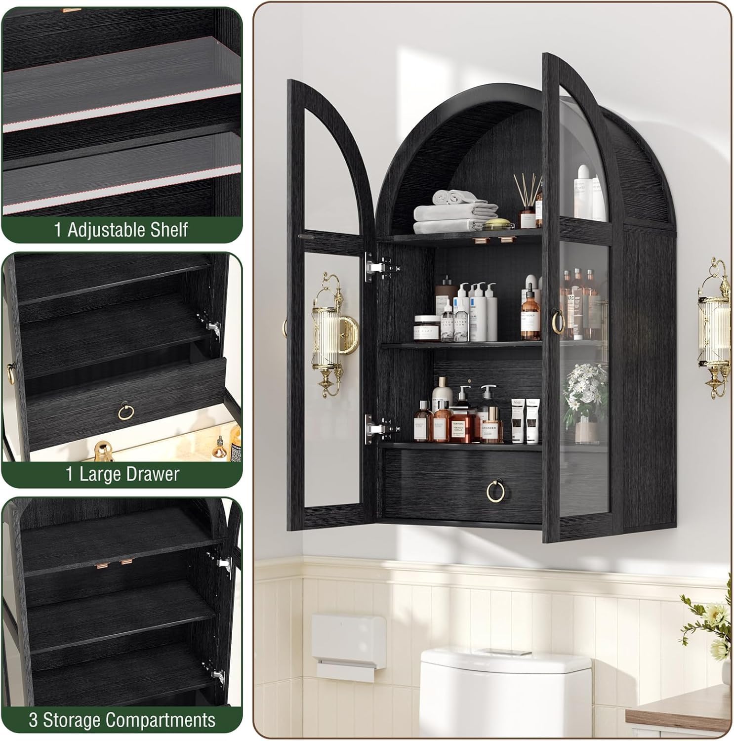 Arched Wall Cabinet with Tempered Glass Doors, 23.5×31.4 Inch Hanging Storage Cabinet with Adjustable Shelf, Glass Display Cabinet for Bathroom, Kitchen, Living Room, Black