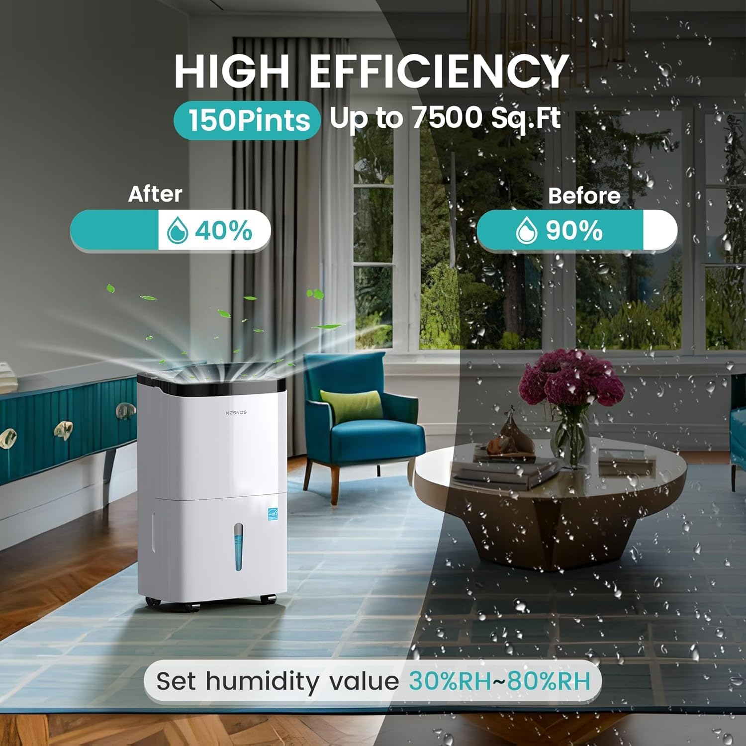 Kesnos 150 Pints 2025 Energy Star Dehumidifier for Home & Basement with Drain Hose, Ideal for Large Spaces up to 7,500 Sq. Ft., Featuring Auto Defrost & Self-Drying Function