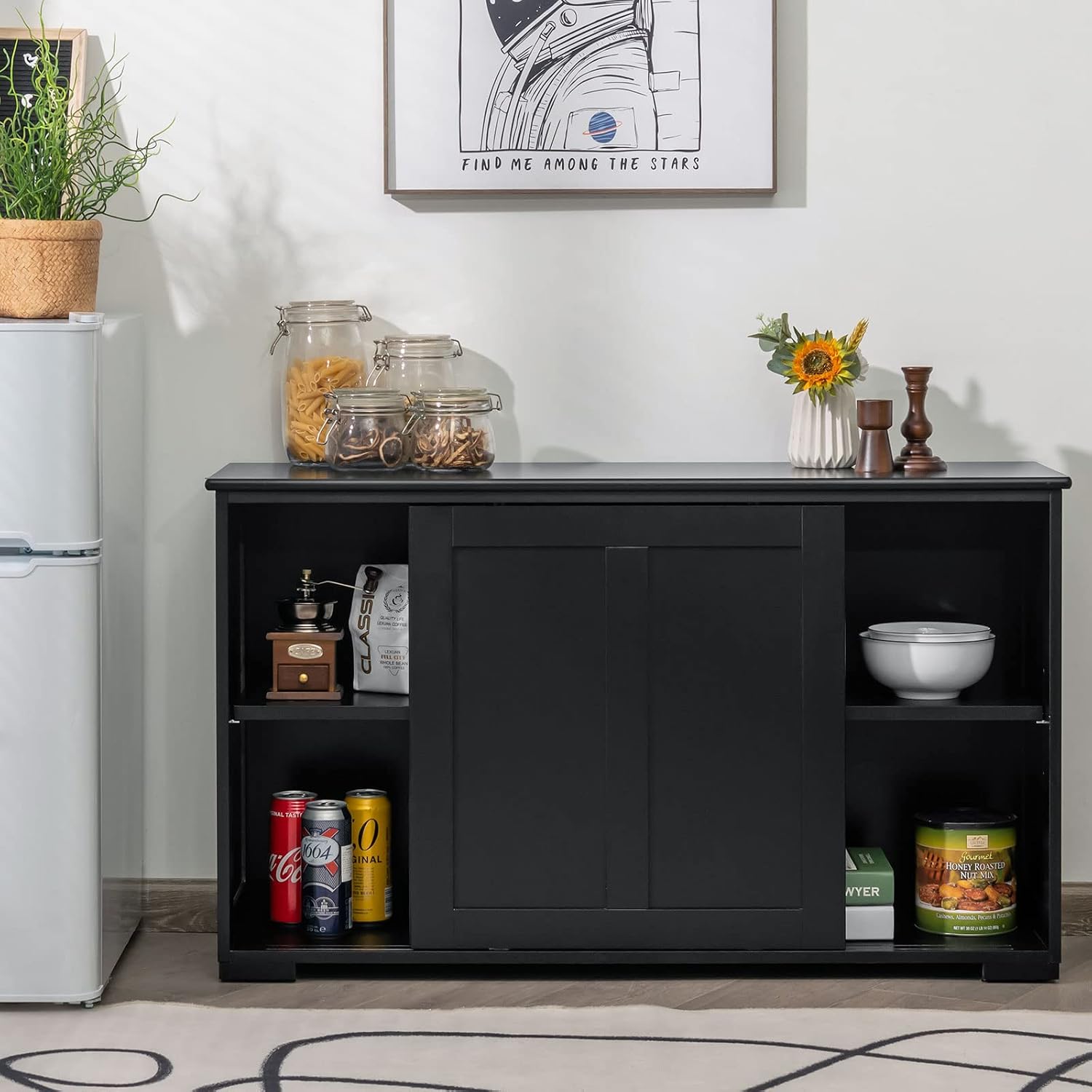 Costzon Sideboard Buffet Cabinet, Wooden Kitchen Storage Cabinet with Adjustable Shelf, Sliding Barn Door, Accent Coffee Bar Cabinet Console Table for Living Room, Dining Room, Hallway (Black)