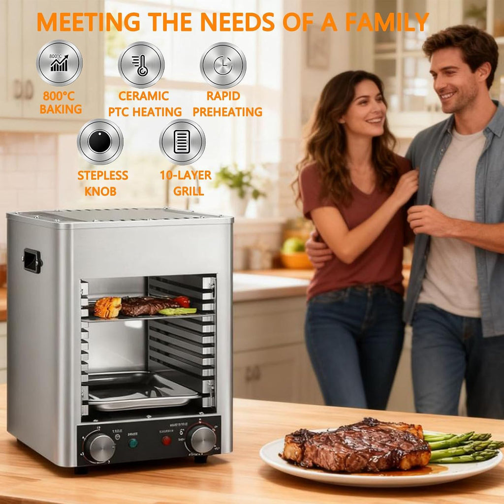 1700W Electric Steak Broiler, Indoor Smokeless Electric Grill, 1472°F Stainless Steel Steak Cooker with 10-Tier Adjustable Rack, for BBQ Beef Chicken Vegetables 10GrillingSlots