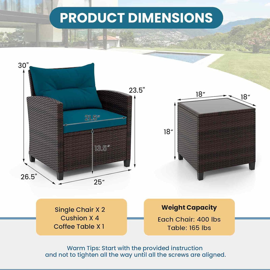 Tangkula 3 Pieces Patio Furniture Set, PE Rattan Wicker 3 Pcs Outdoor Sofa Set w/Washable Cushion and Tempered Glass Tabletop, Conversation Furniture for Garden Poolside Balcony (Prussian Blue)