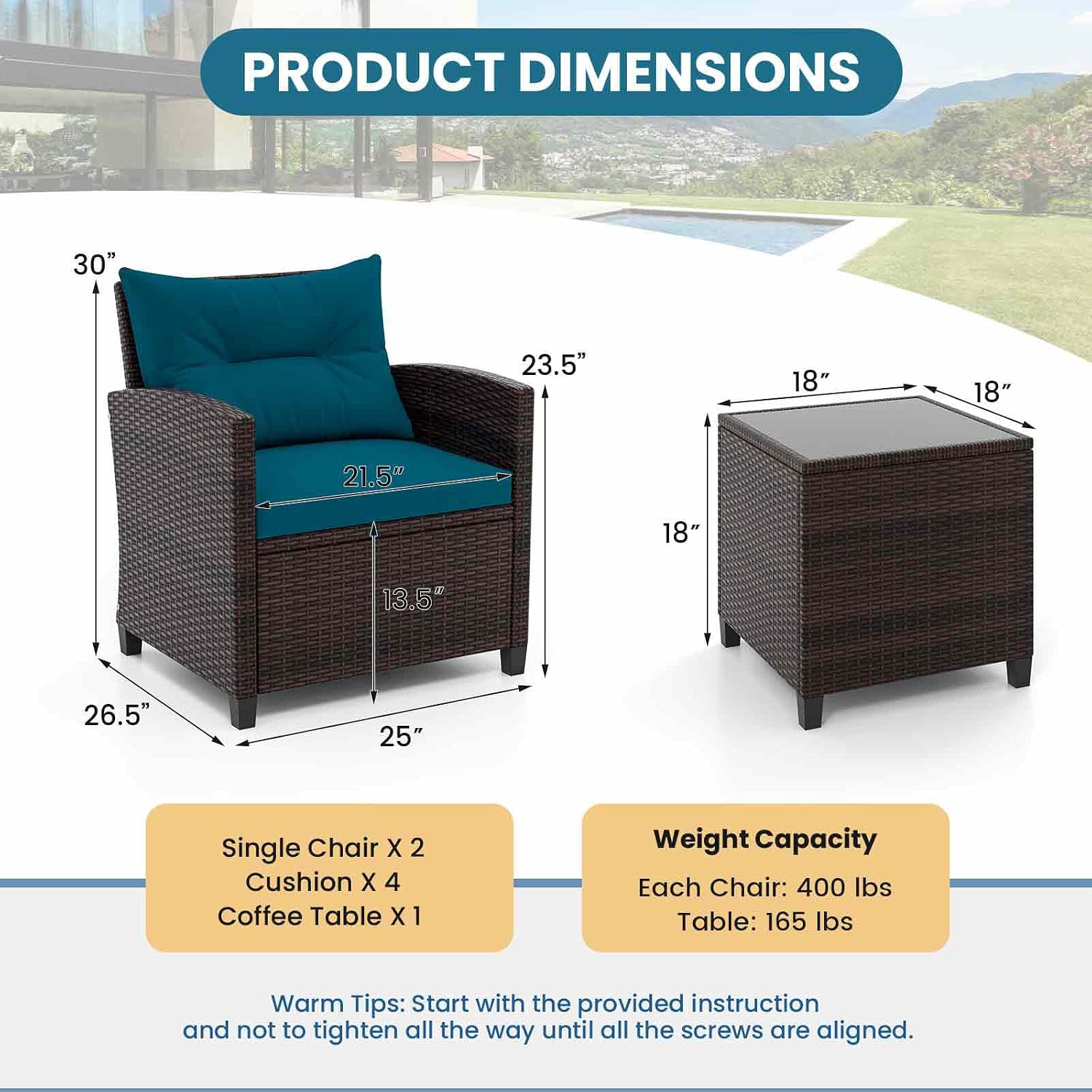Tangkula 3 Pieces Patio Furniture Set, PE Rattan Wicker 3 Pcs Outdoor Sofa Set w/Washable Cushion and Tempered Glass Tabletop, Conversation Furniture for Garden Poolside Balcony (Prussian Blue)