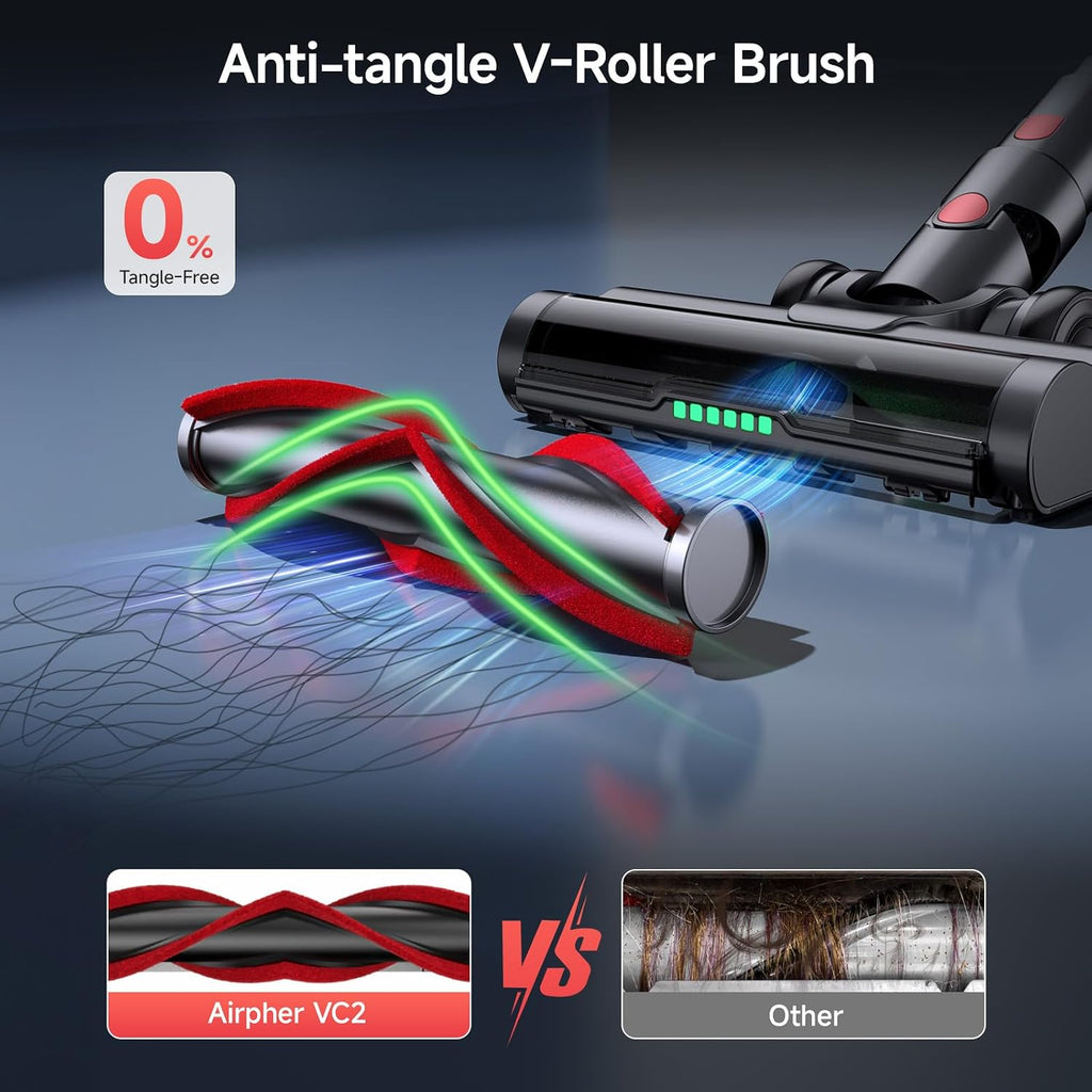 Cordless Vacuum Cleaner, 580W 60KPA Dual Motor Stick Vacuum for Home with 70mins Runtime, 6 LED Green Headlights, Self-Standing Design, V-Shaped Floor Brush for Carpet Tile Pet Hair Hardwood Floors