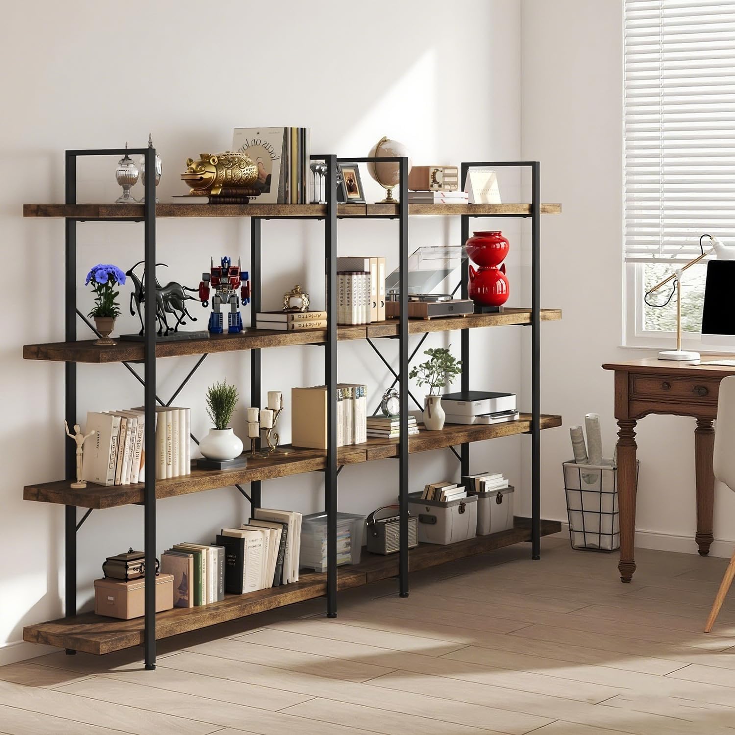 4 Tier Book Shelf, 47'' Wide Wood Industrial Bookshelf, 120lbs Shelf Capacity, Open Storage Shelves, 55'' Tall Heavy Duty Display Shelving, Rustic Brown Bookcase for Bedroom,Living Room,Office -2Pcs