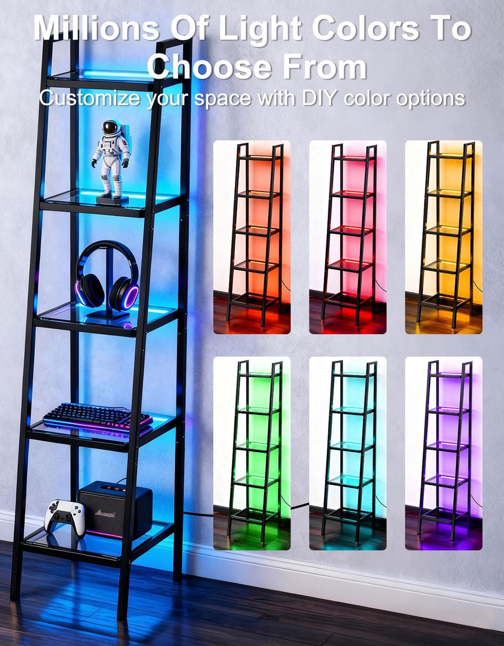 5-Tier Glass Display Shelf with RGB Light, 67' Ladder Bookshelf, Music Sync & 3 CCT, Dimmable App/Remote, Modern Freestanding Corner Storage Rack, Metal Organizer for Living Room Home Office, Black