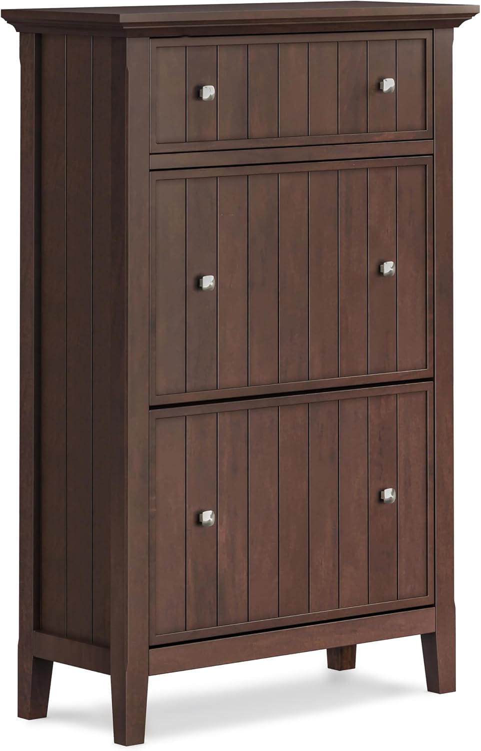 SIMPLIHOME Acadian Storage Cabinet - 32 inch Wide Solid Wood Entryway Shoe Storage Cabinet in Brunette Brown, Transitional Tilt-Out Shoe Organizer for Hallway with Drawer and Brushed Nickel Hardware