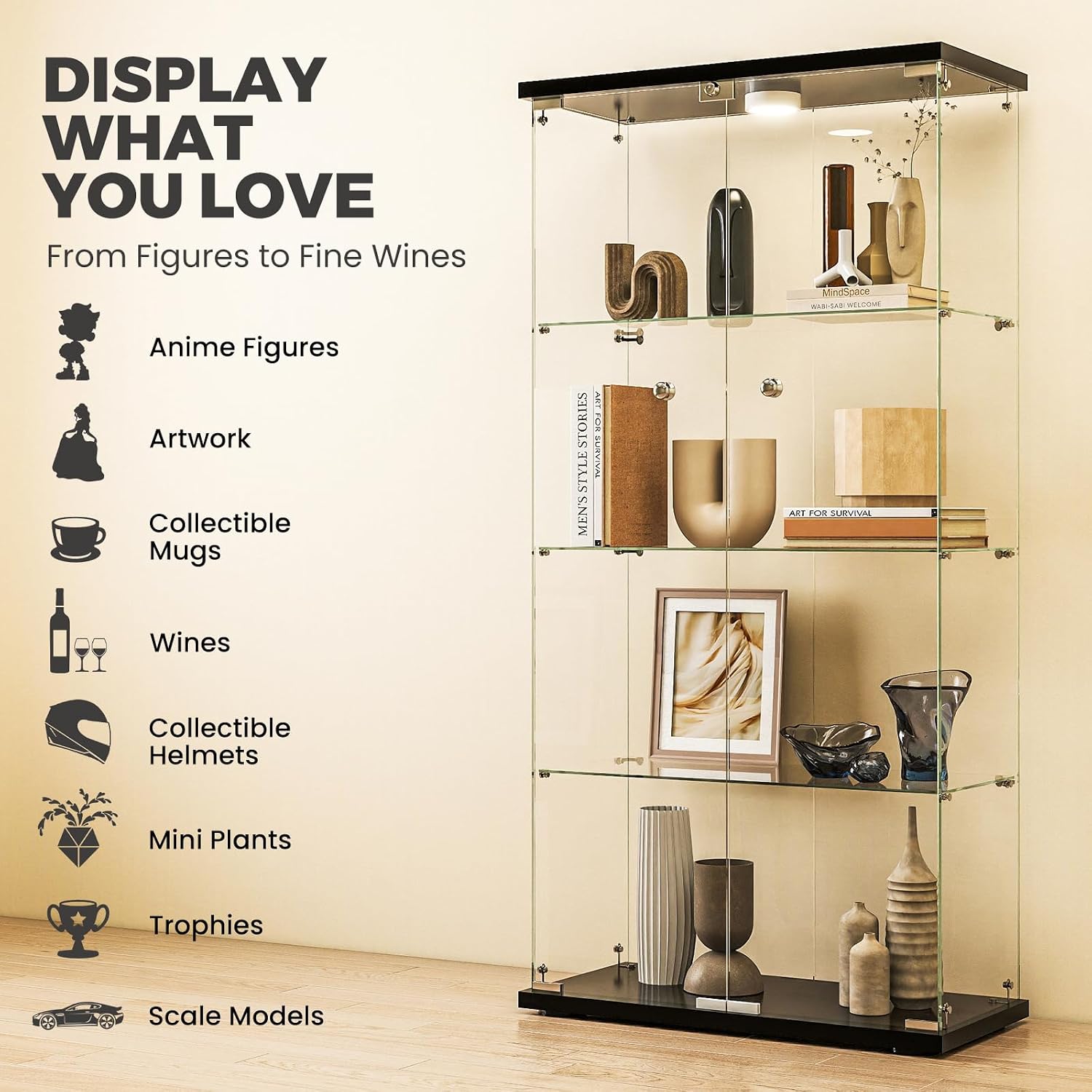 Glass Display Cabinet with LED Lights and Lock, 4-Shelf Tempered Glass Curio Cabinet with 2 Doors, Collectible Display Showcase for Living Room, Bedroom – Black