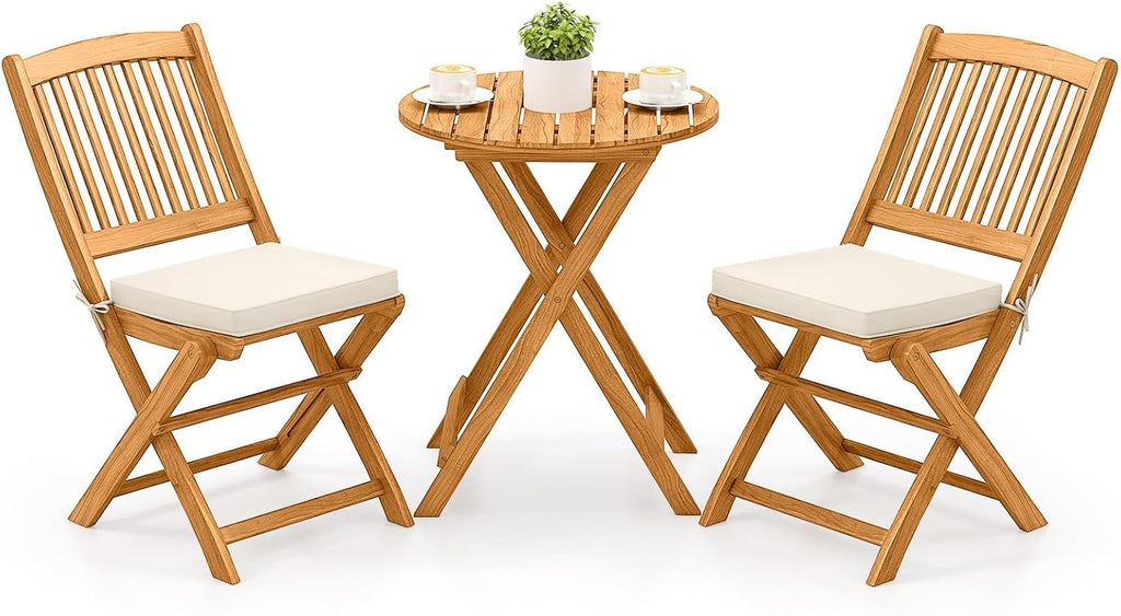 Tangkula 3 Pieces Acacia Wood Patio Folding Bistro Set, Outdoor Table and Chairs Set with Soft Cushions, Patio Furniture Set for Porch, Balcony, Garden, Deck and Backyard