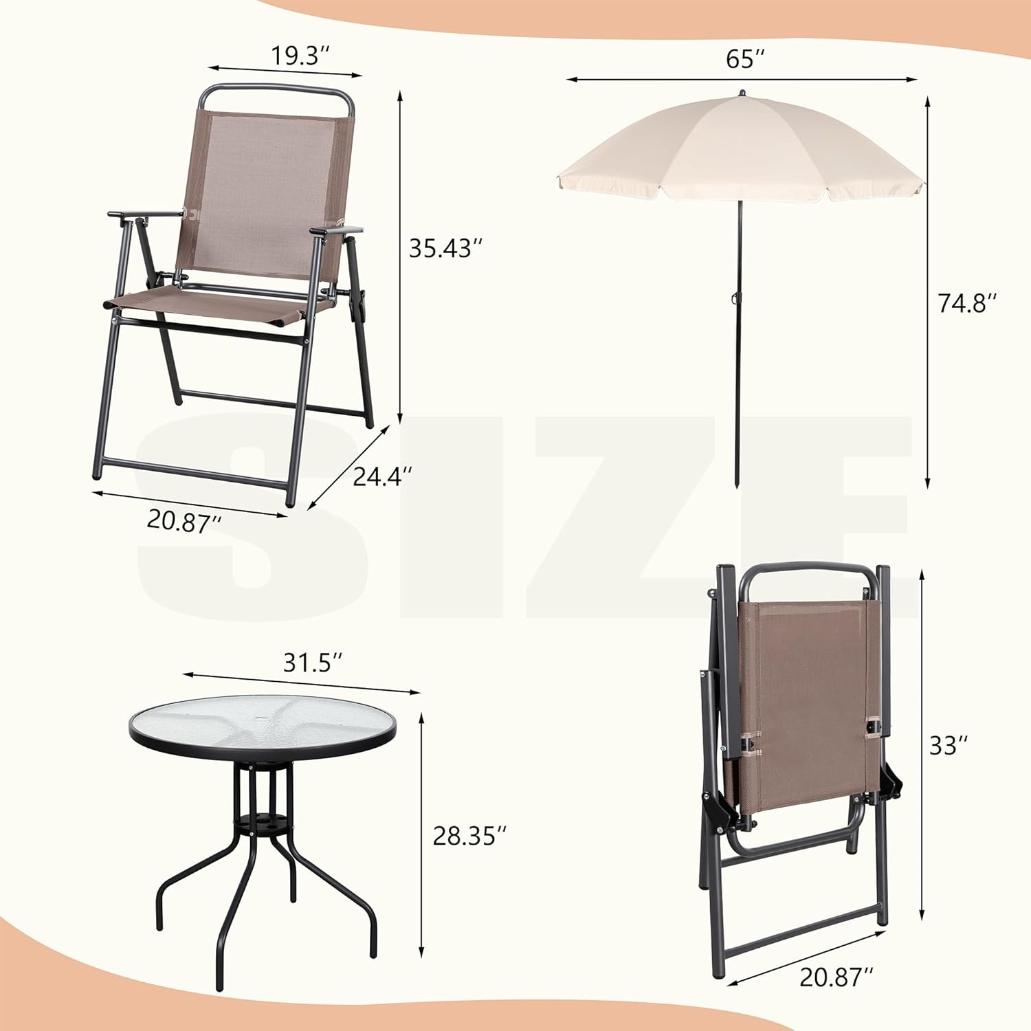Vongrasig 6 Pieces Folding Patio Dining Set, All Weather Small Metal Outdoor Table and Chairs Set, Patio Furniture Set w/Umbrella, Glass Table & 4 Folding Chairs for Garden, Lawn, Backyard, Brown