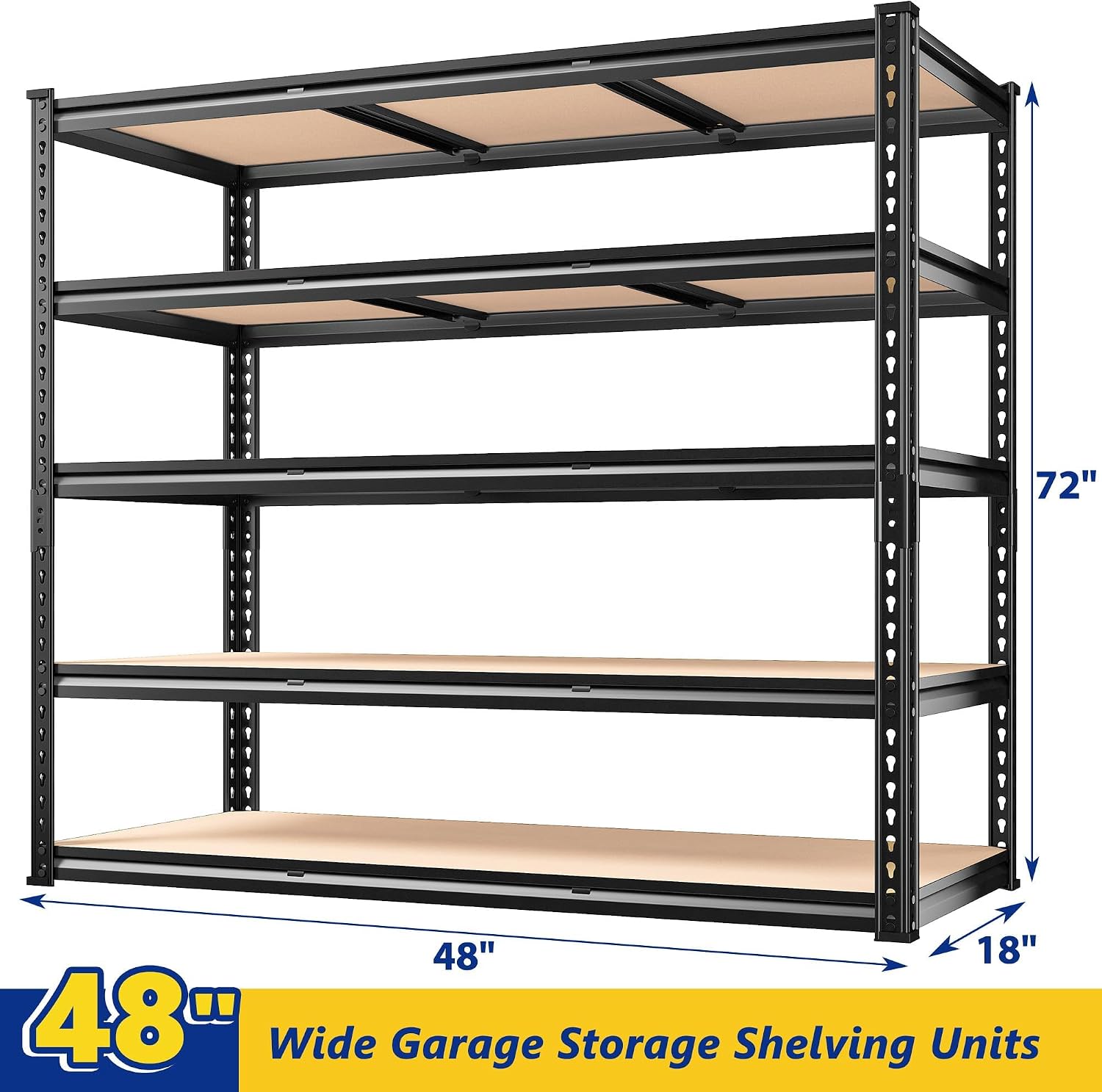 REIBII 48' W Garage Shelving 3020LBS Storage Shelves 5 Tier Industrial Shelving Adjustable Metal Storage Shelves for Garage, Basement, Warehouse, Commercial, Easy Assemble, 48' W x 72' H x 24' D, 2PC
