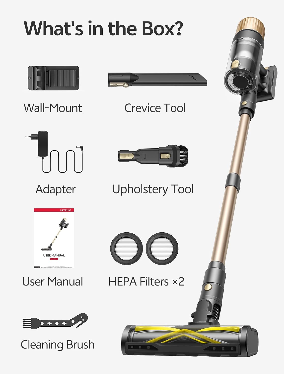 Ultenic Cordless Vacuum Cleaner, 600W 60KPA 65mins Vacuum Cleaners for Home, Cordless Stick Vacuum with Green Light, Self-Standing & 180° Lay-Flat, Anti-Tangled Brush for Floor/Carpet/Pet Hair